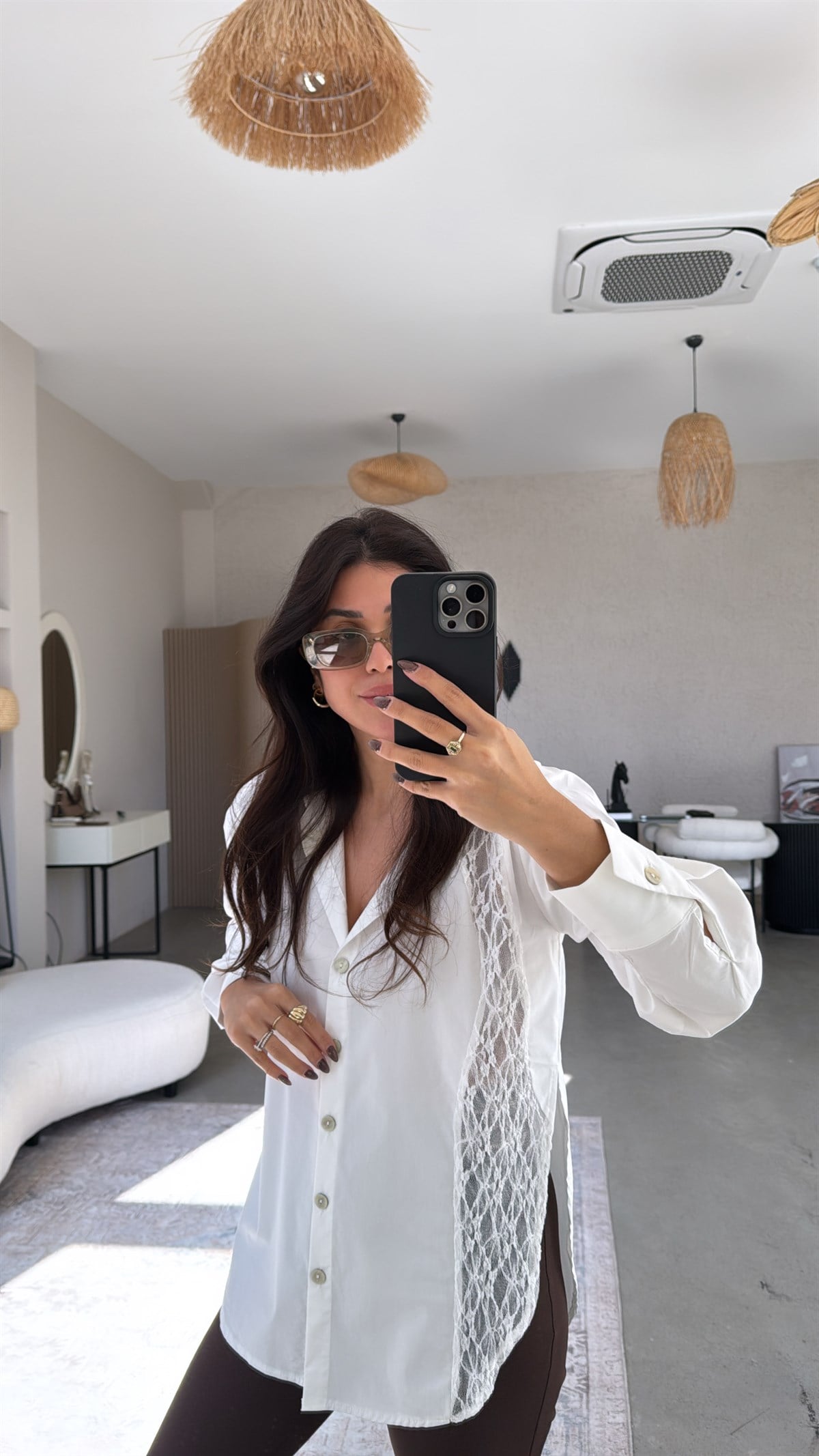 Beyaz Dantel Detaylı Poplin Premium Gömlek