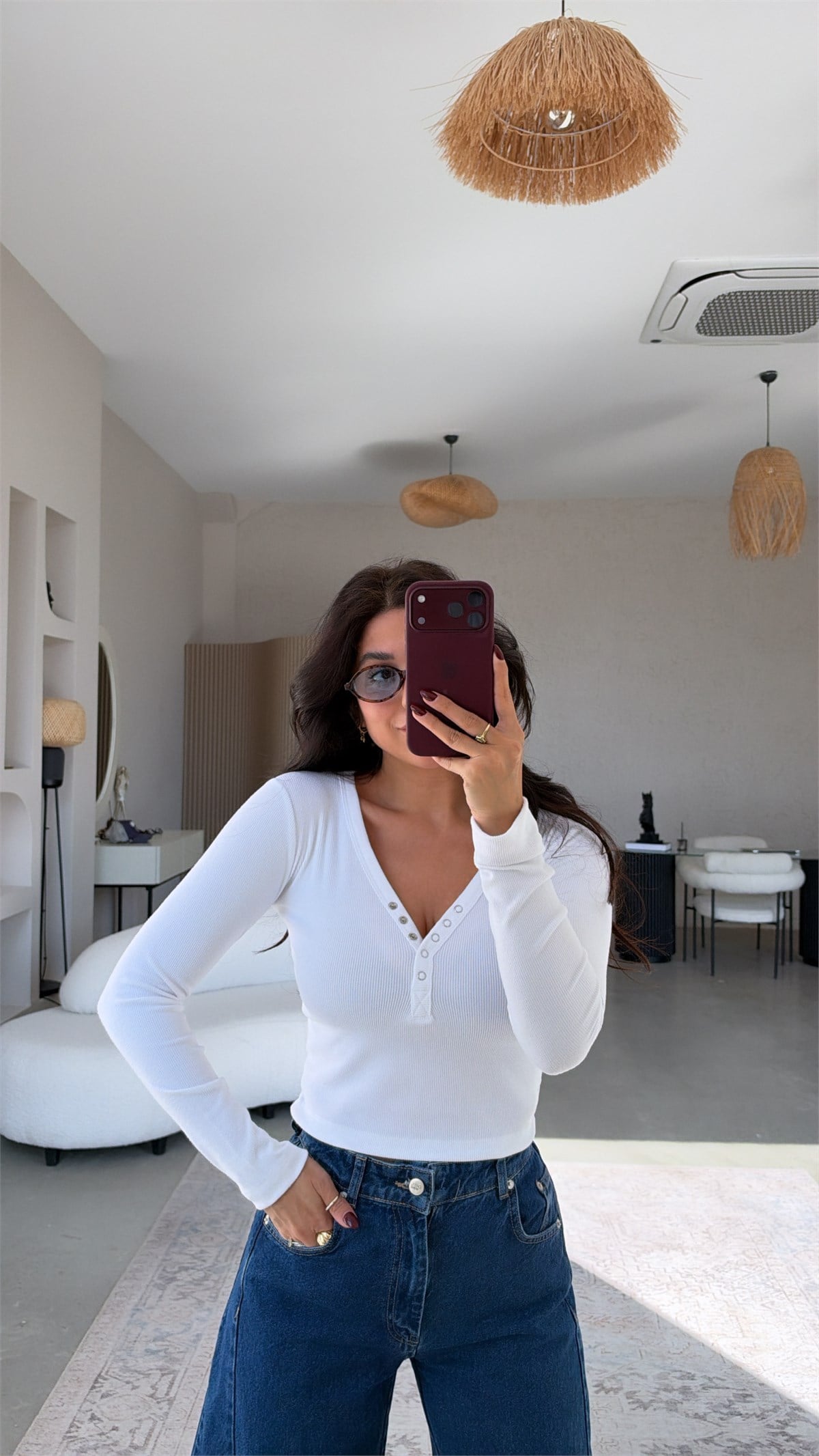 Beyaz Fitilli Pamuk Çıtçıtlı Bluz