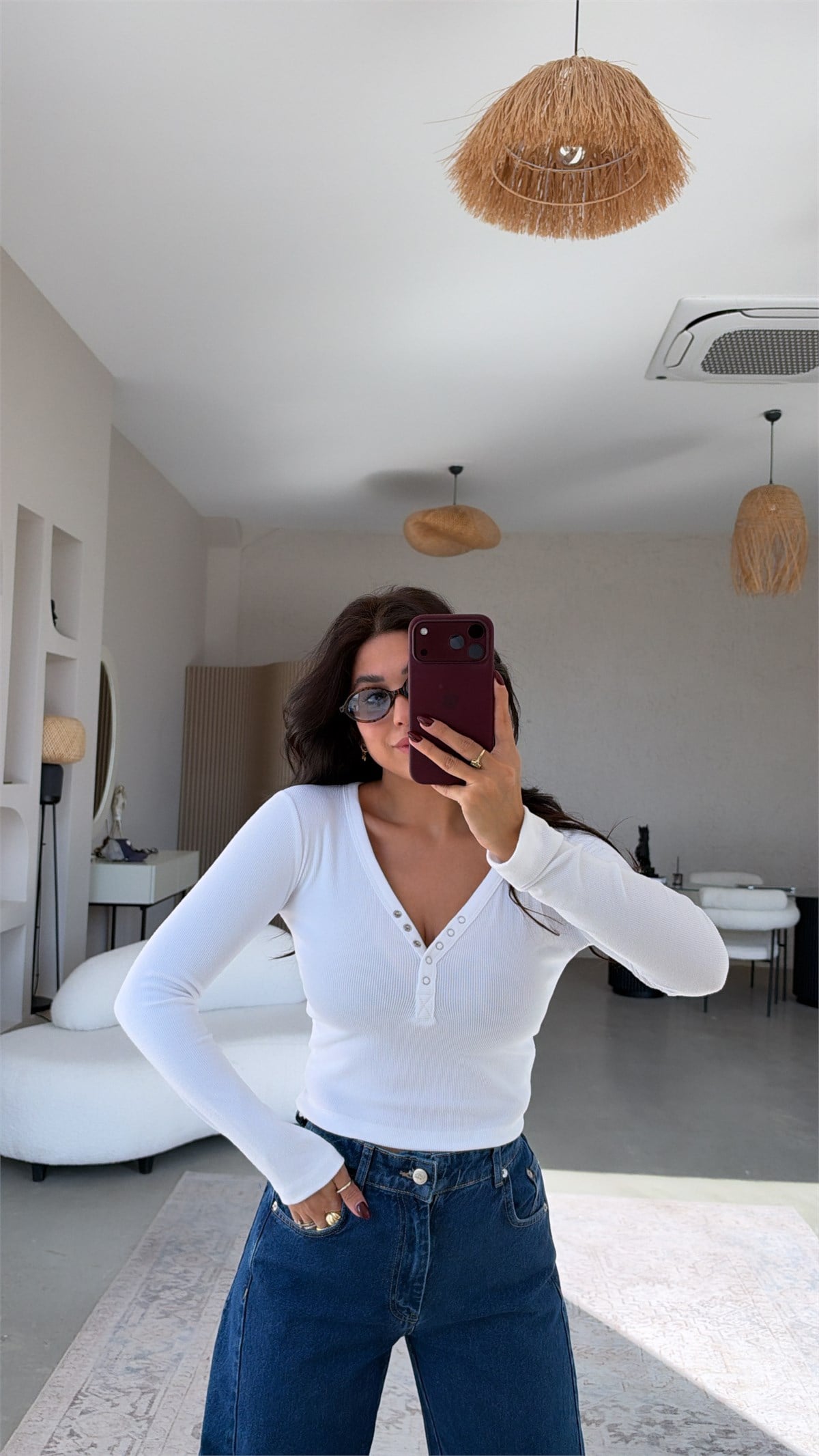 Beyaz Fitilli Pamuk Çıtçıtlı Bluz