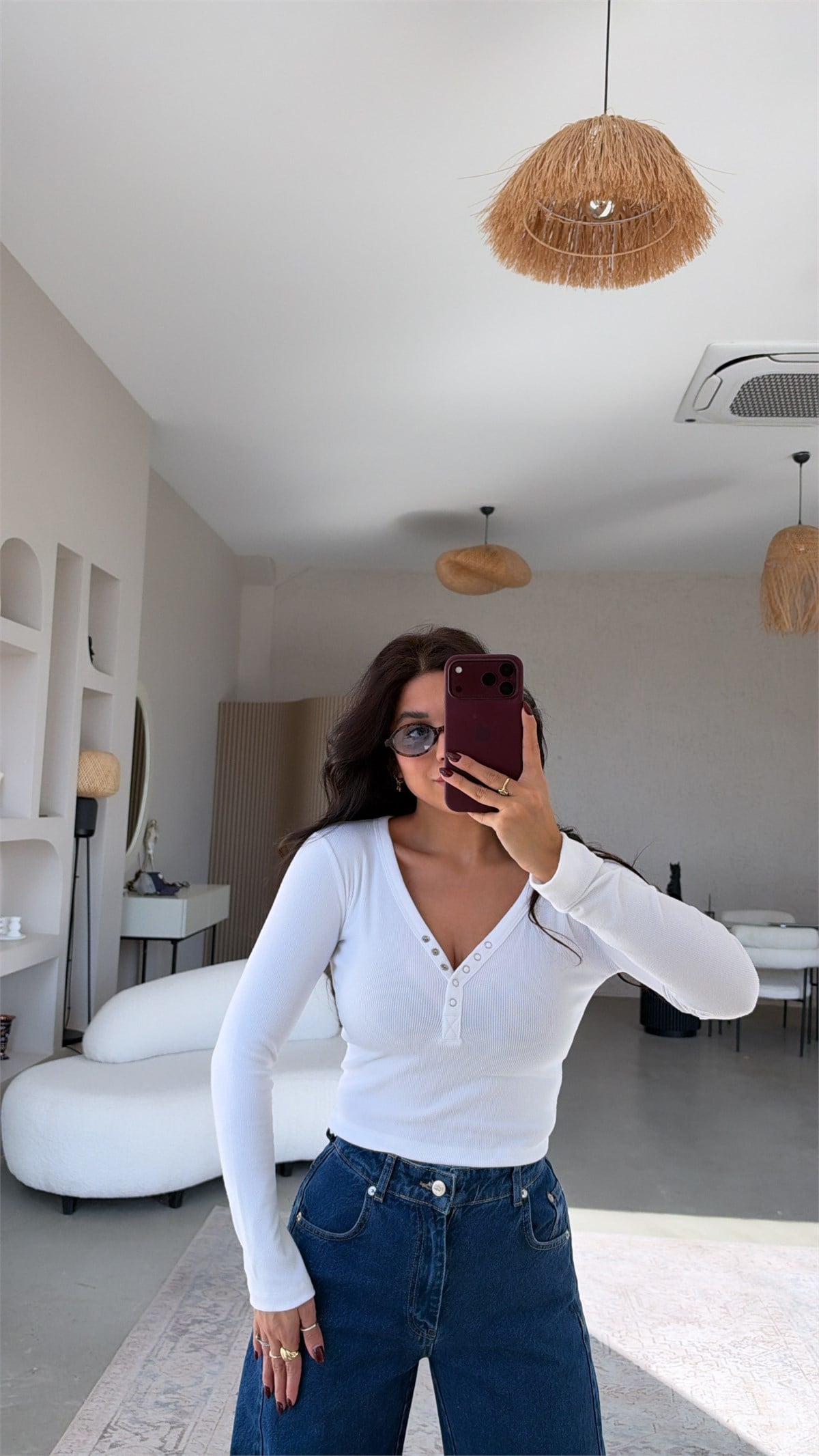 Beyaz Fitilli Pamuk Çıtçıtlı Bluz