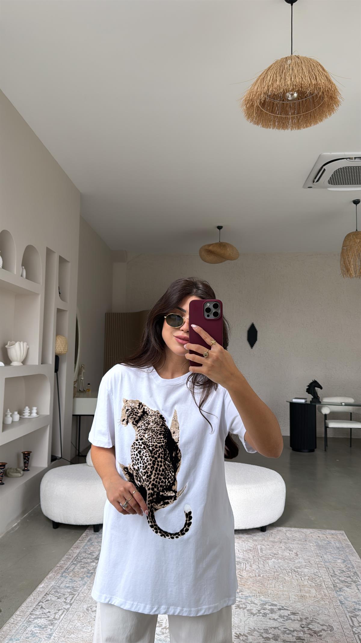 Beyaz Flok Leopar Baskılı Tshirt