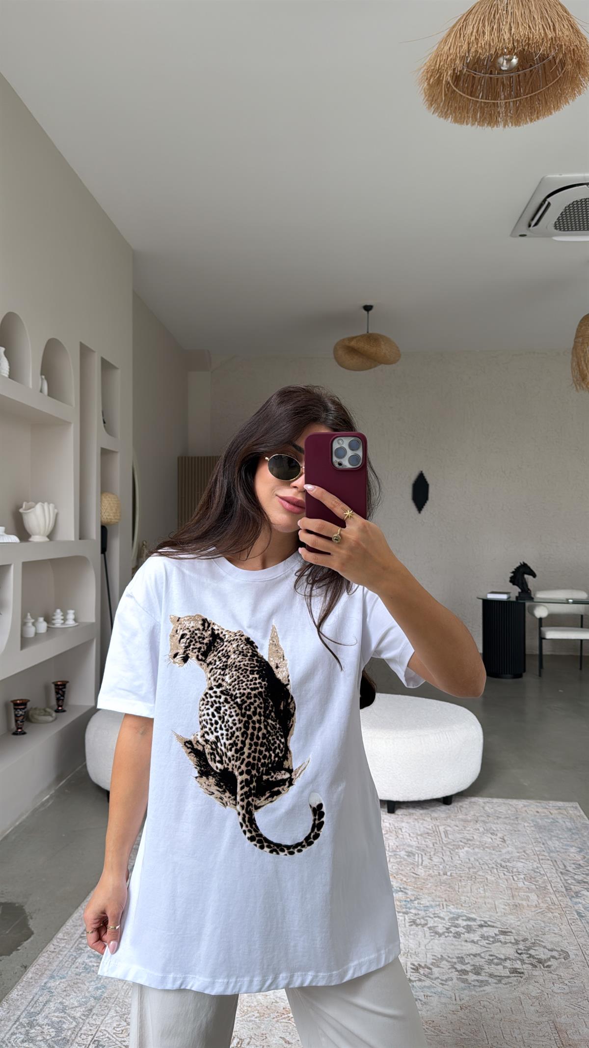 Beyaz Flok Leopar Baskılı Tshirt