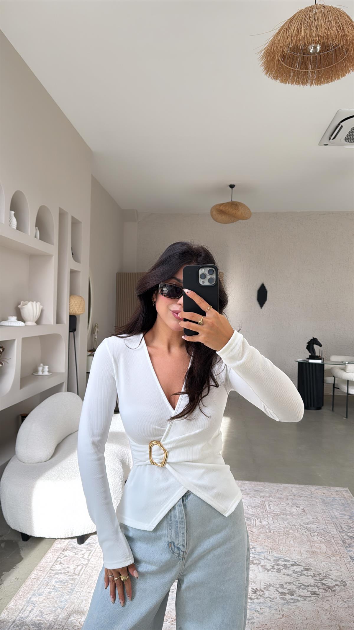 Beyaz Gold Tokalı Ottoman Kruvaze Bluz