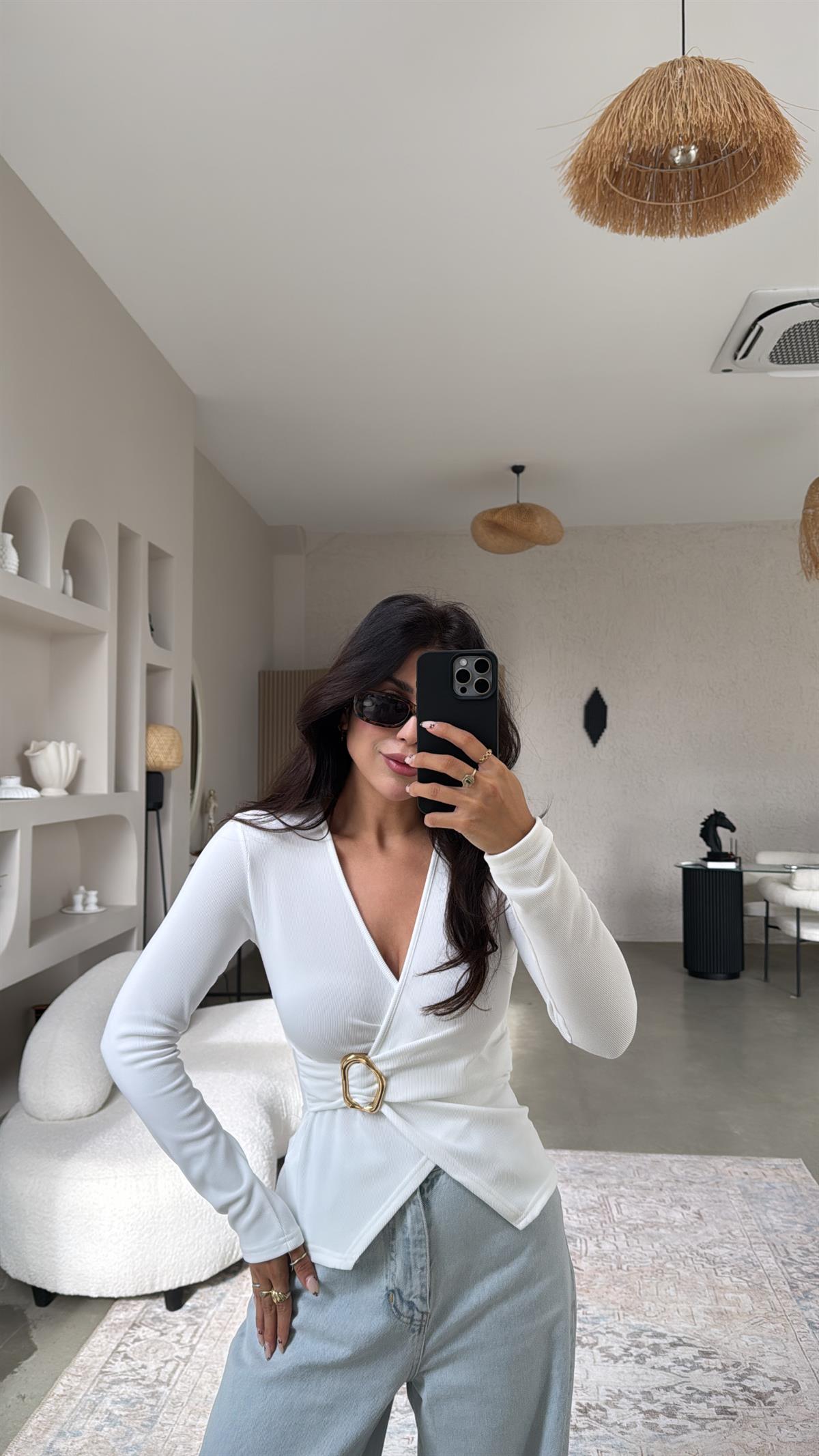 Beyaz Gold Tokalı Ottoman Kruvaze Bluz