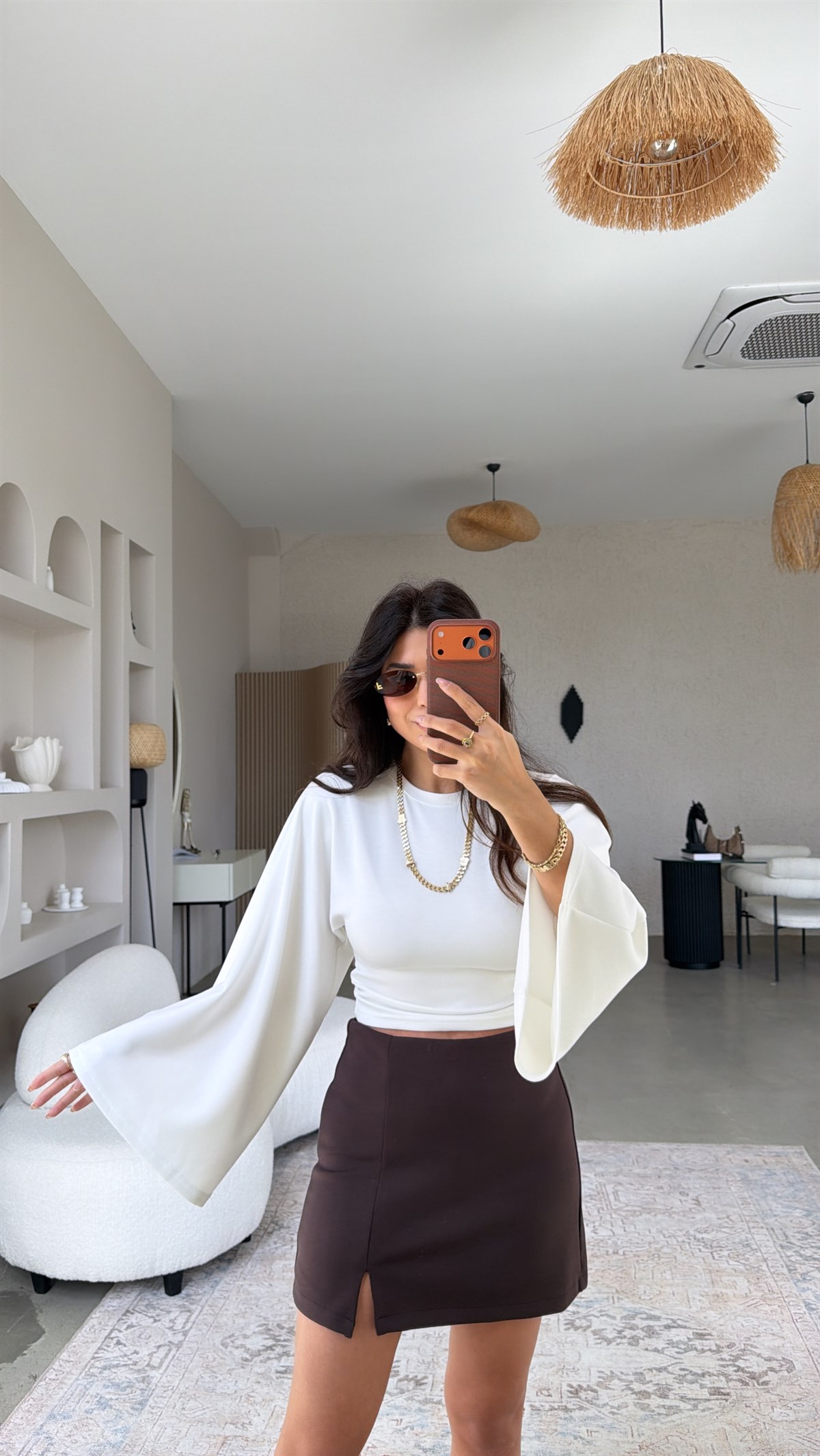 Beyaz İspanyol Kol Modal Crop Bluz