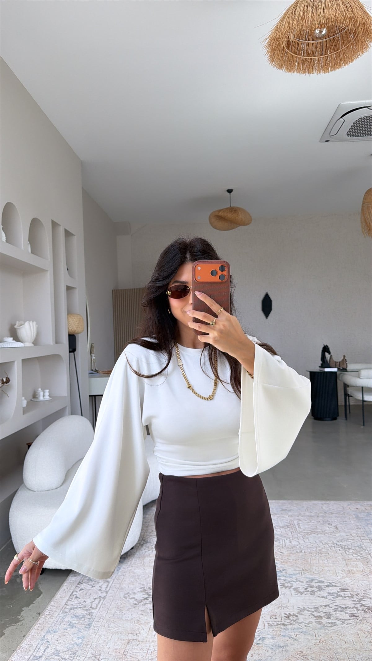 Beyaz İspanyol Kol Modal Crop Bluz