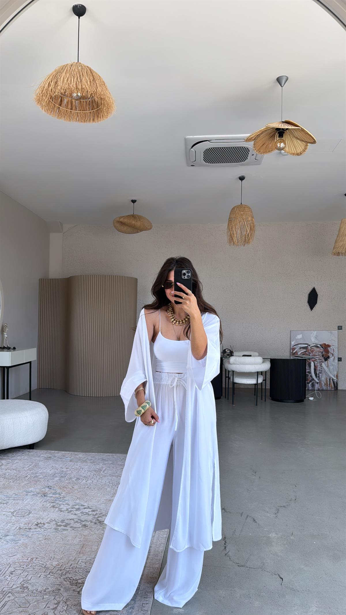 Beyaz Juna Kimono Pantolon Takım