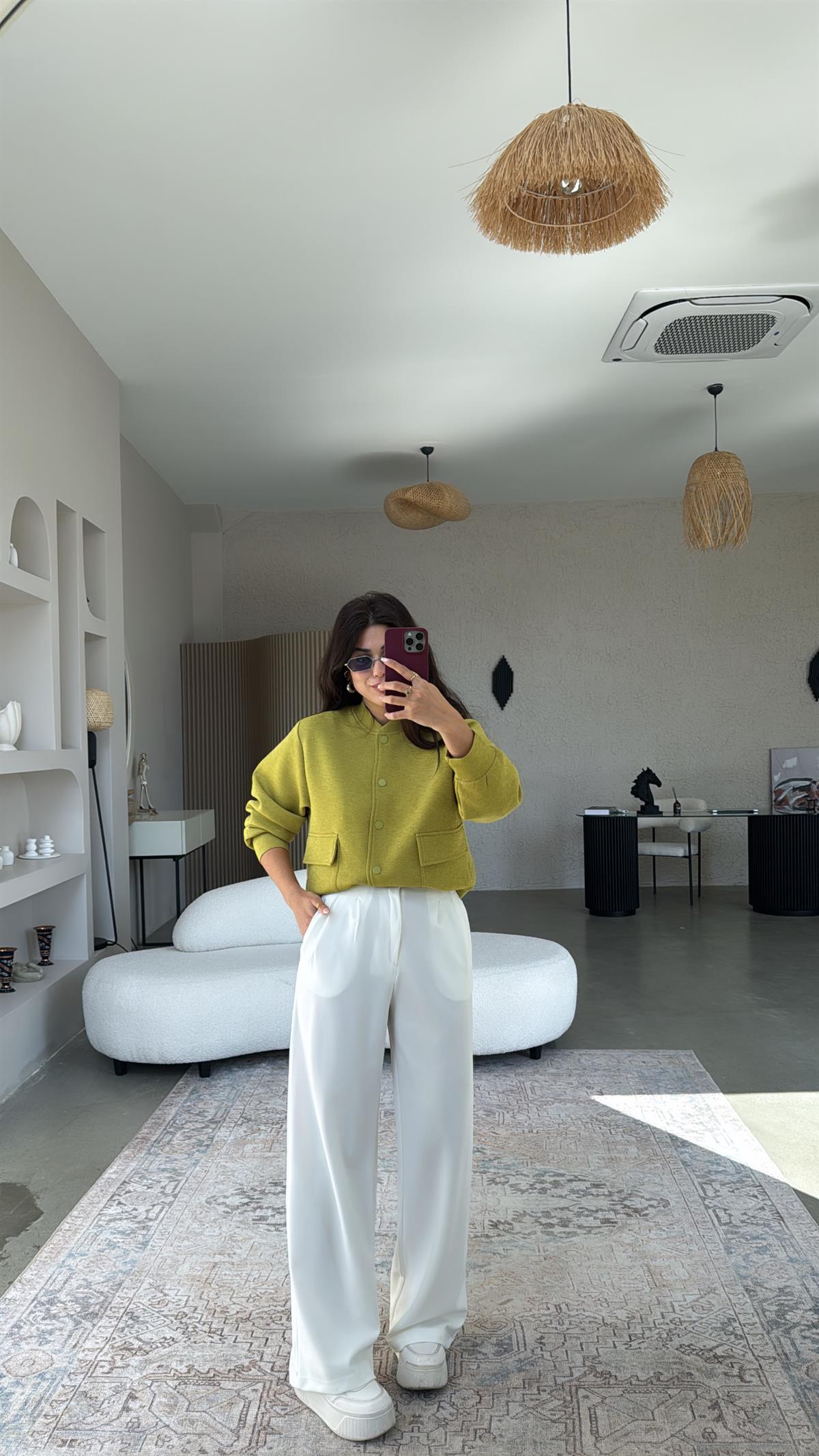 Beyaz Kaplama Düğmeli Palazzo Kumaş Pantolon