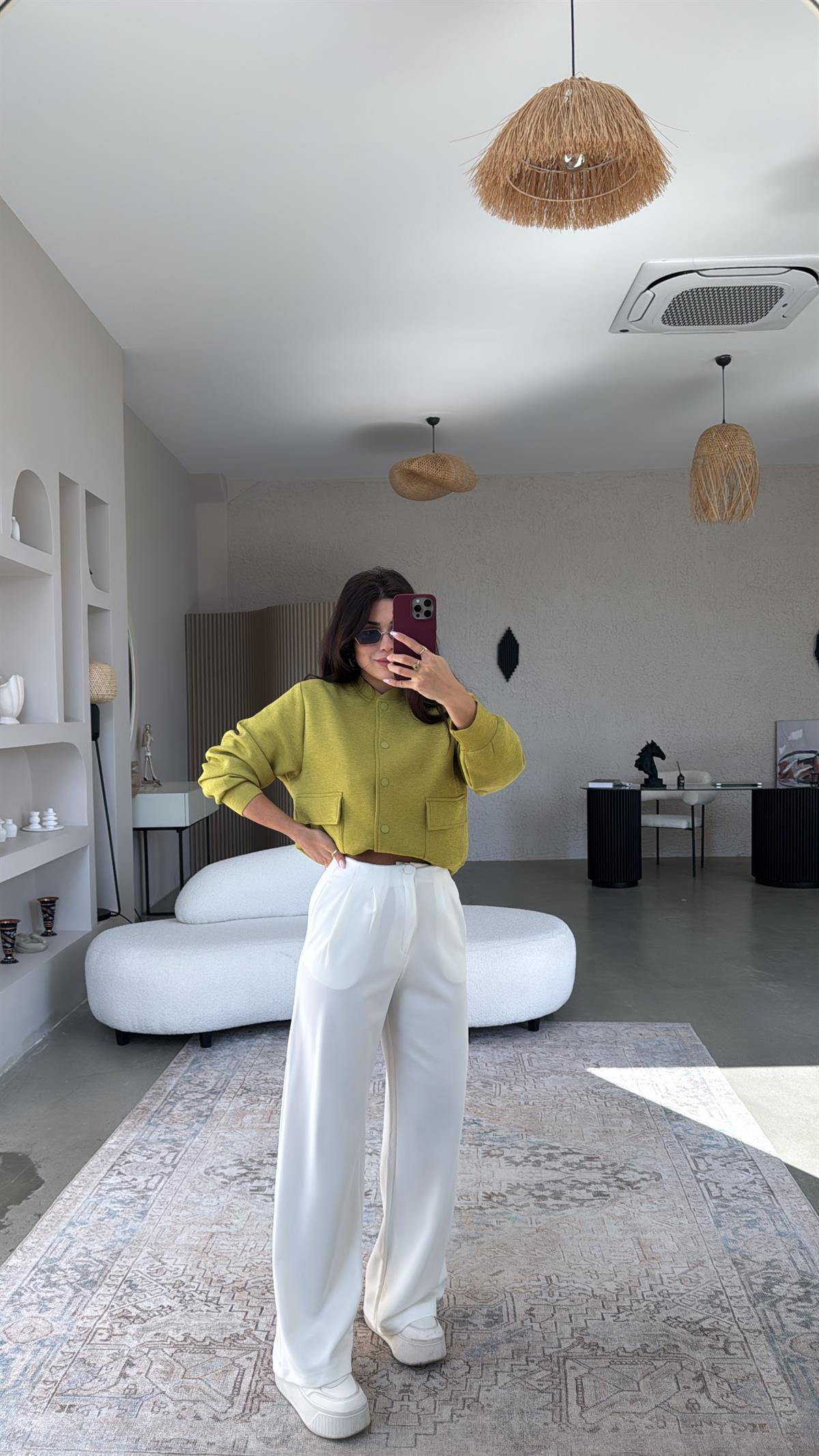 Beyaz Kaplama Düğmeli Palazzo Kumaş Pantolon