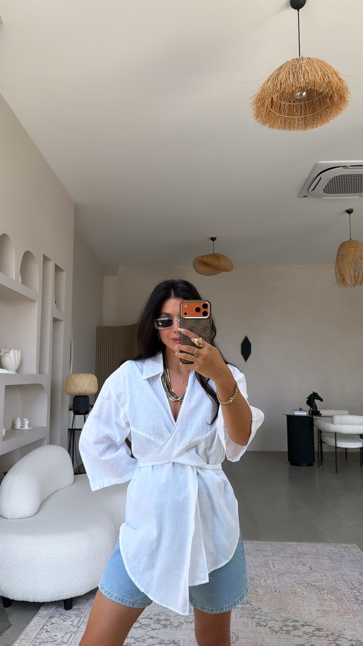 Beyaz Keten Önden Bağlamalı Pareo Gömlek