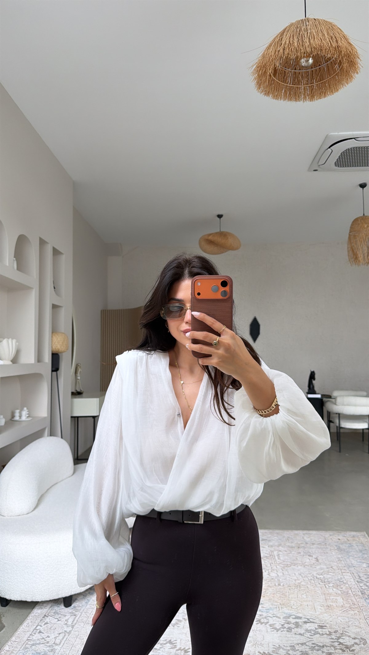 Beyaz Kruvaze Premium Tensel Bluz