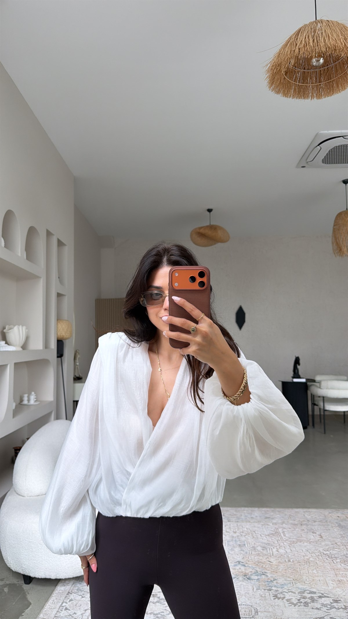 Beyaz Kruvaze Premium Tensel Bluz