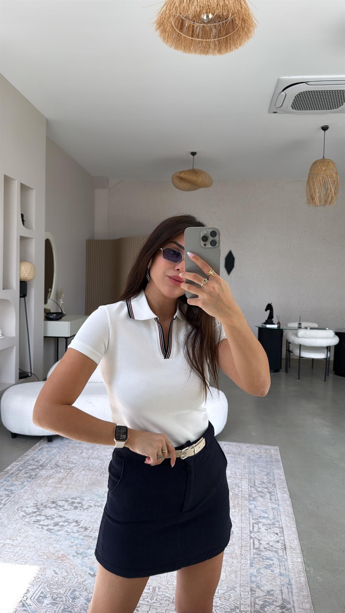 Beyaz Massi Polo Yaka Bluz