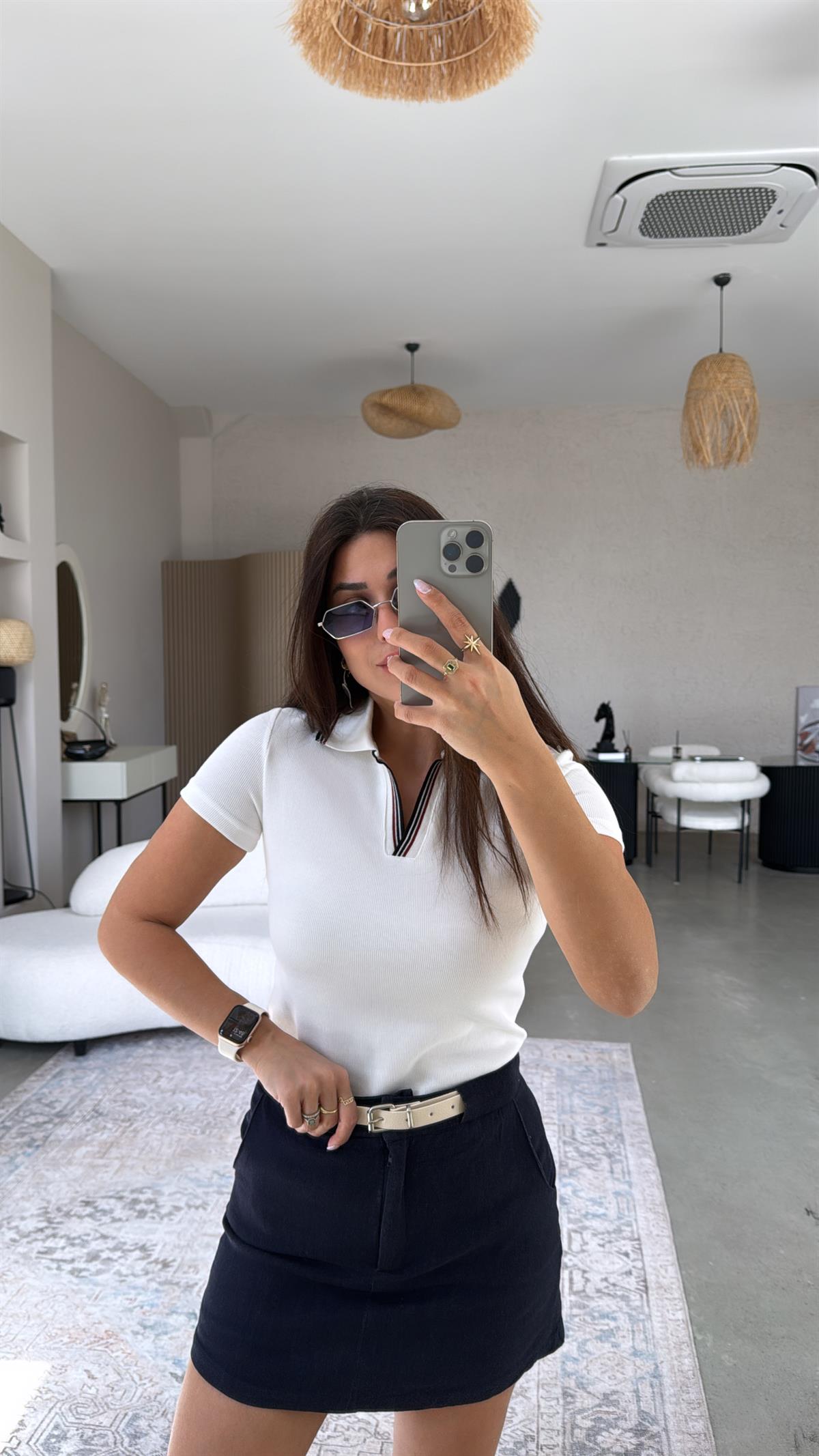 Beyaz Massi Polo Yaka Bluz