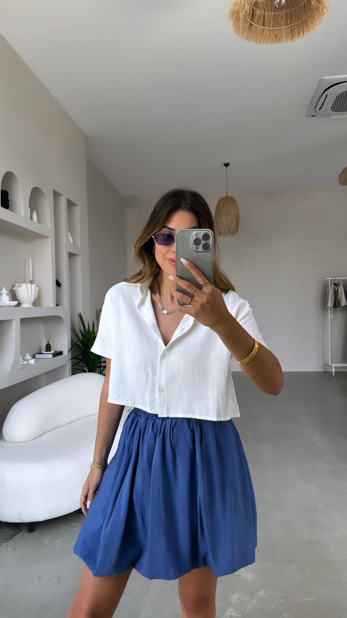 Beyaz Massimo Crop Keten Gömlek