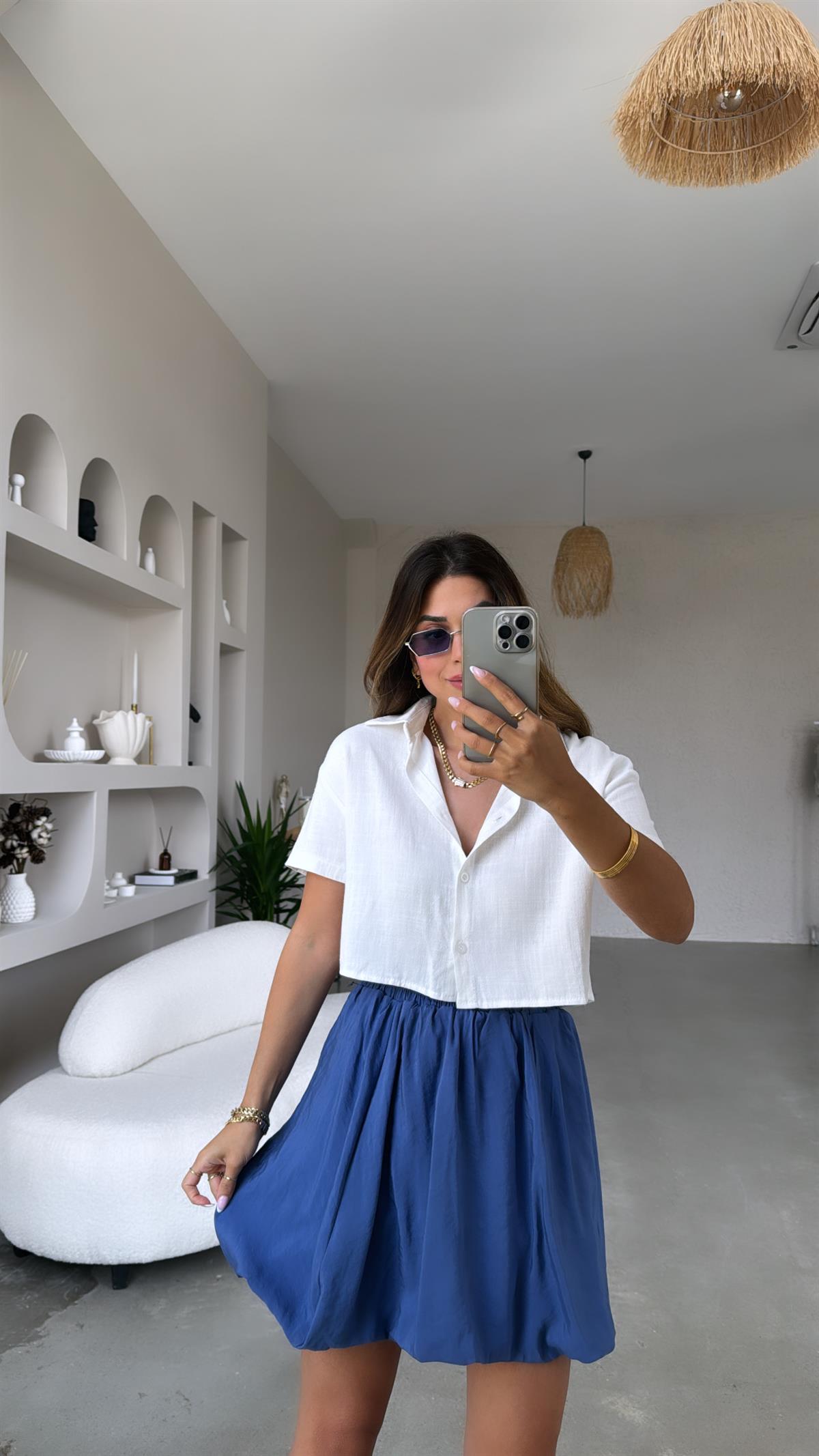 Beyaz Massimo Crop Keten Gömlek