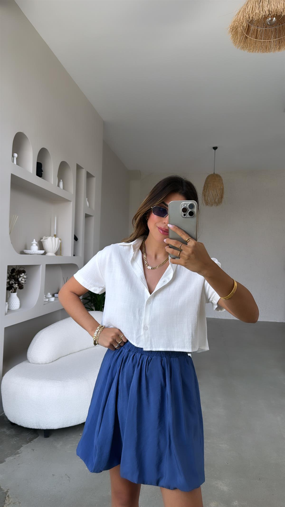 Beyaz Massimo Crop Keten Gömlek