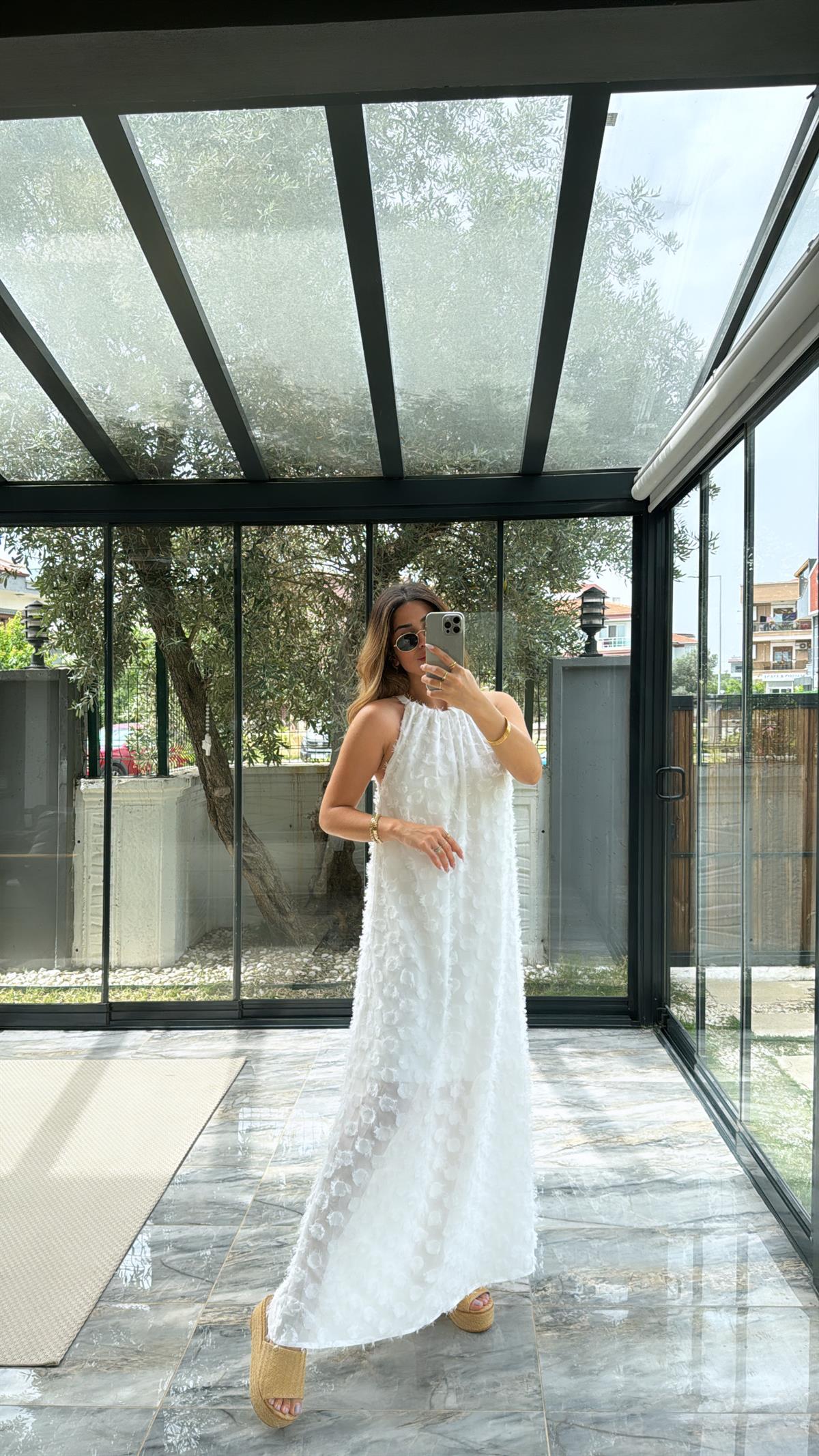 Beyaz Maxi Püsküllü Premium Elbise