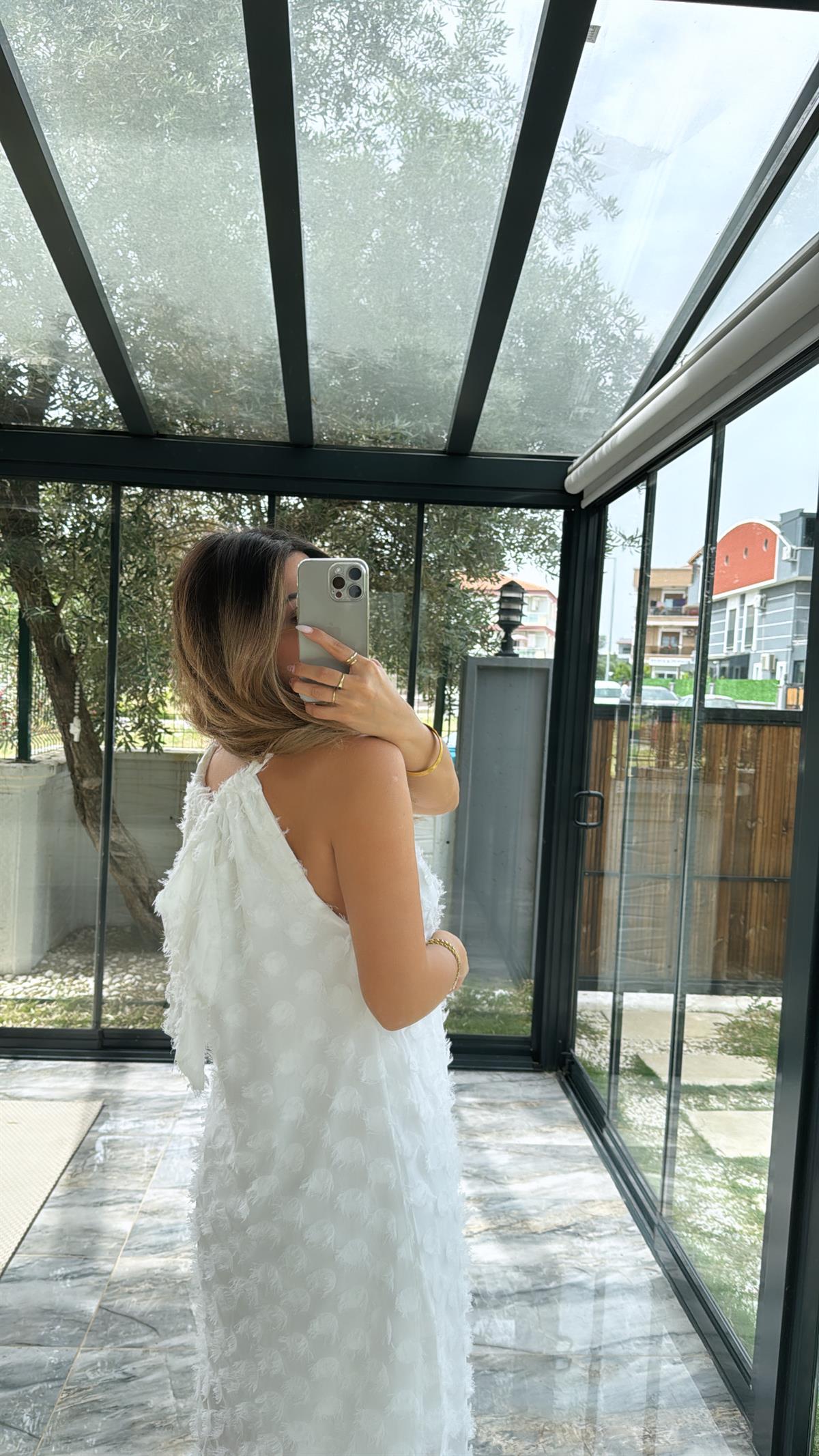 Beyaz Maxi Püsküllü Premium Elbise