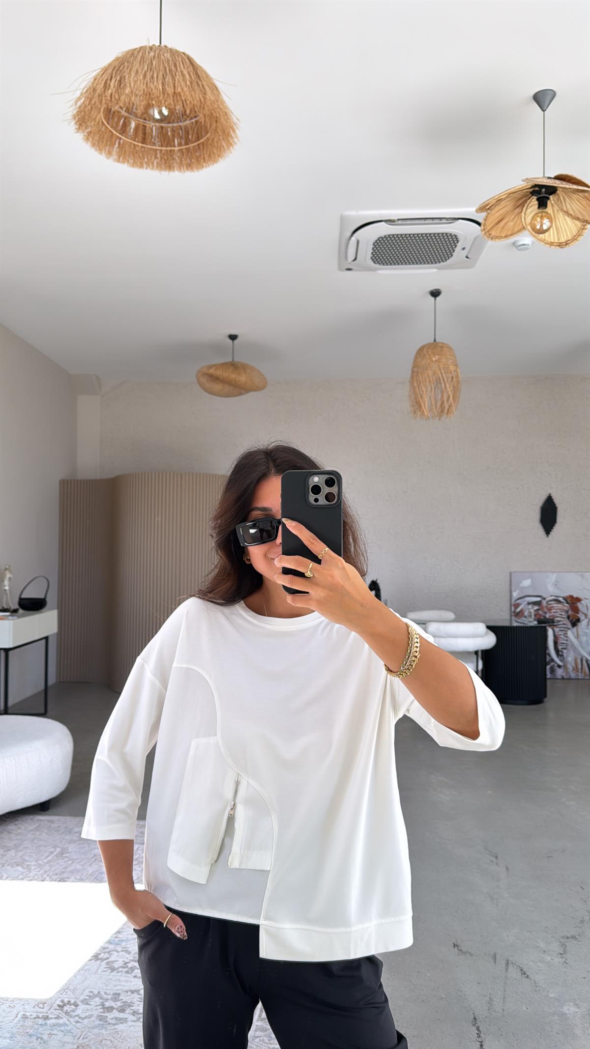 Beyaz Mini Fermuar Detaylı Poplin Modal Bluz