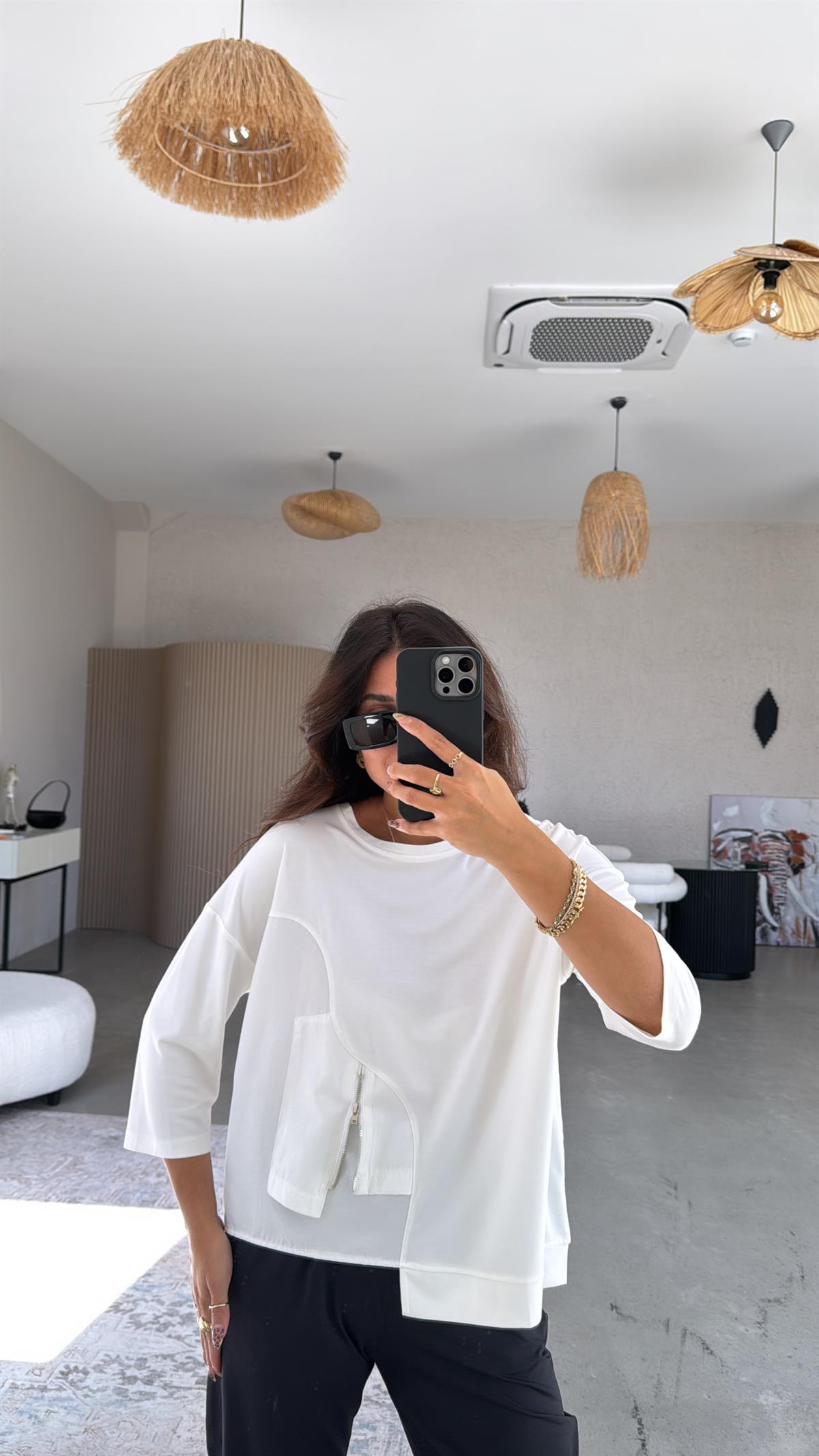 Beyaz Mini Fermuar Detaylı Poplin Modal Bluz