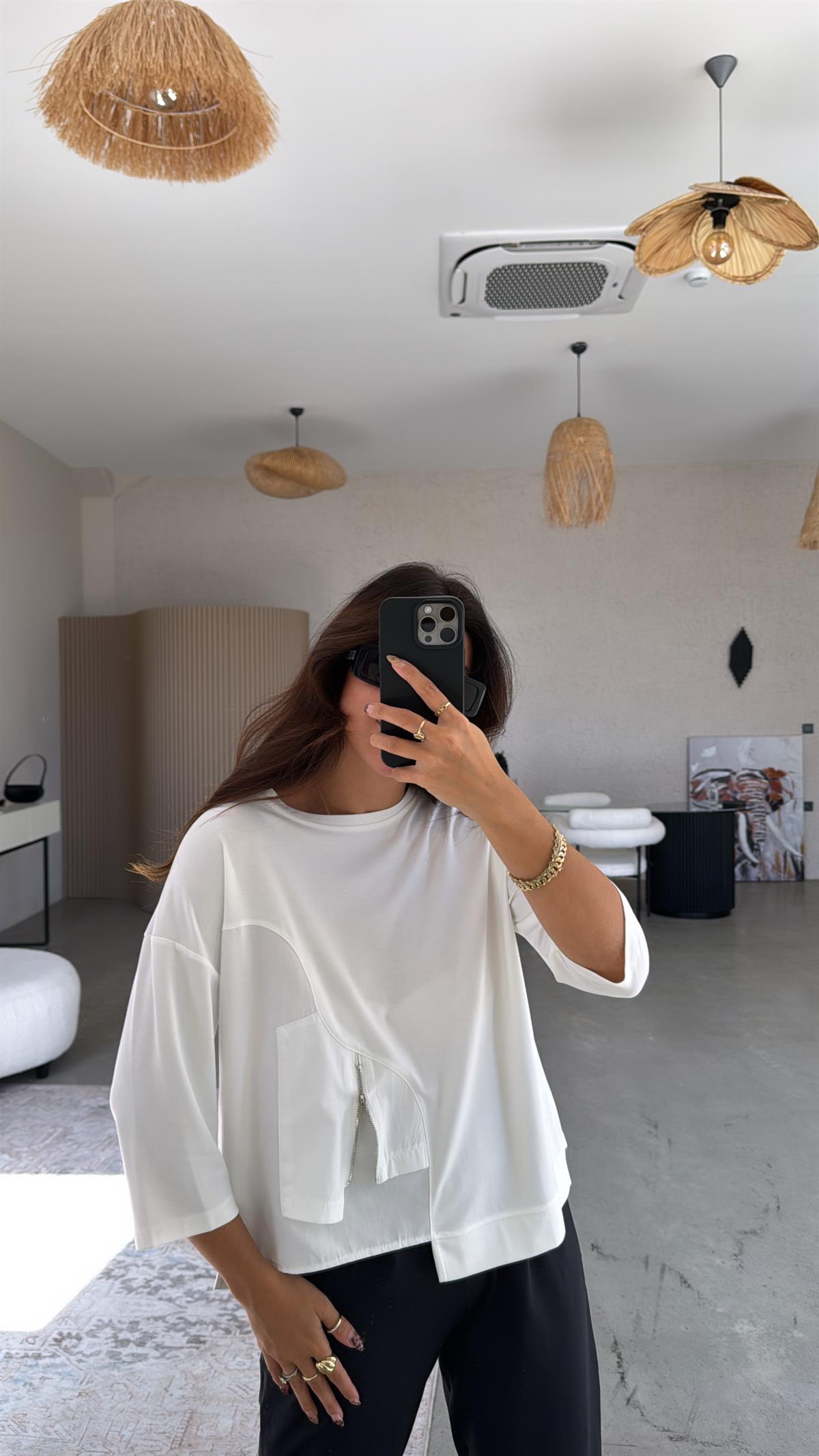 Beyaz Mini Fermuar Detaylı Poplin Modal Bluz