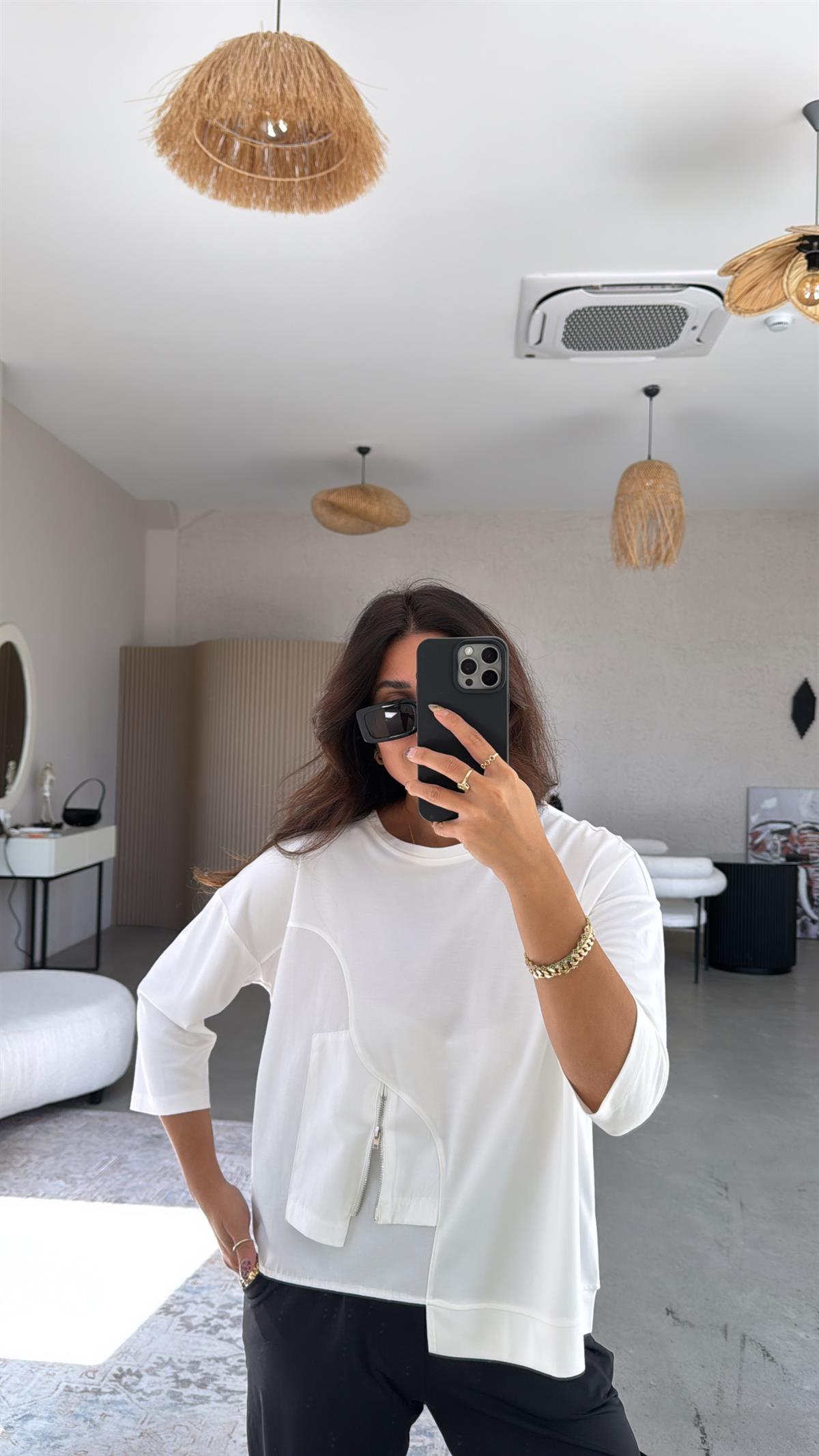 Beyaz Mini Fermuar Detaylı Poplin Modal Bluz