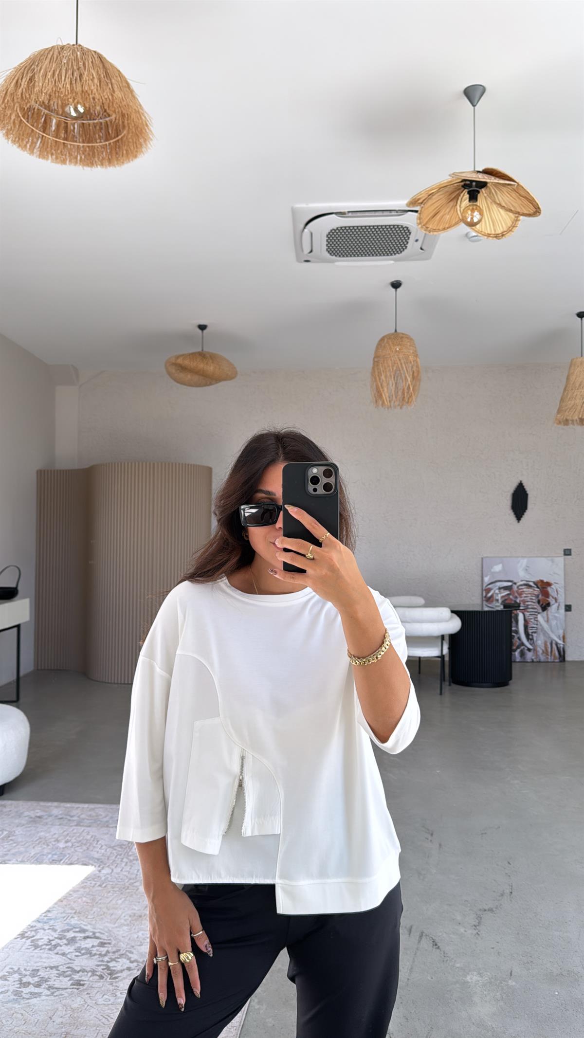 Beyaz Mini Fermuar Detaylı Poplin Modal Bluz