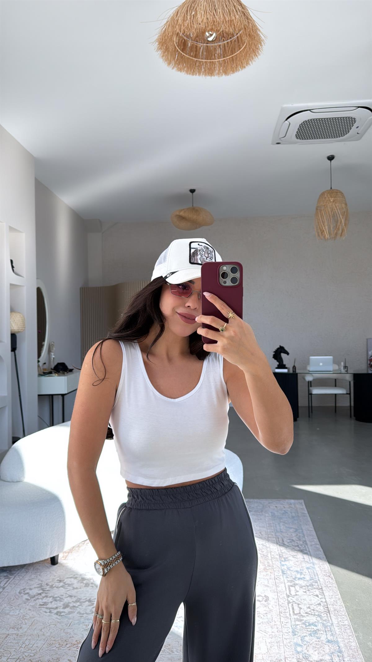 Beyaz Pamuklu Crop Atlet