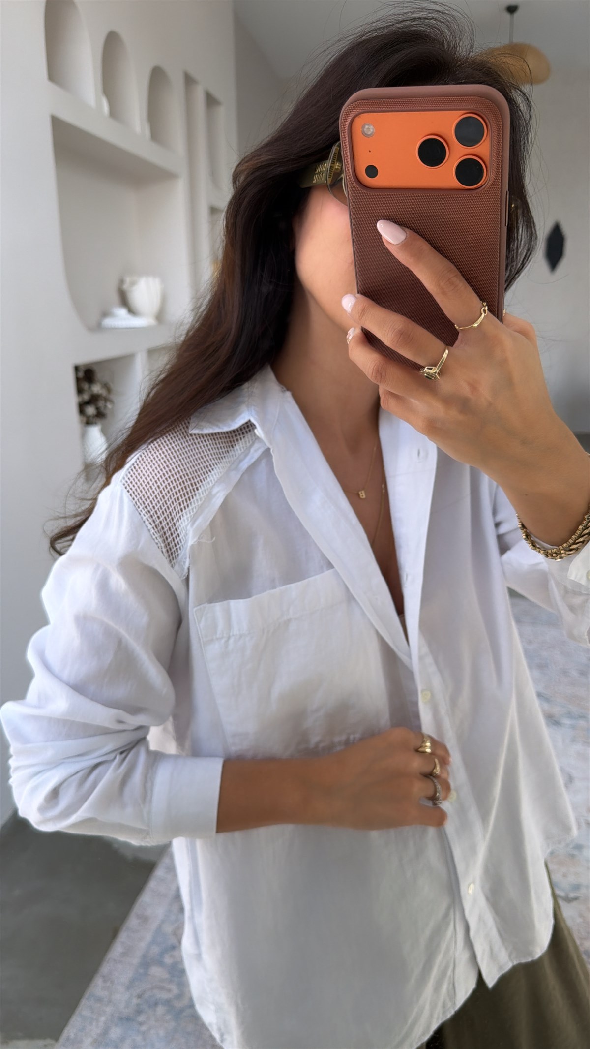 Beyaz Pamuklu Premium Omuzları File Gömlek