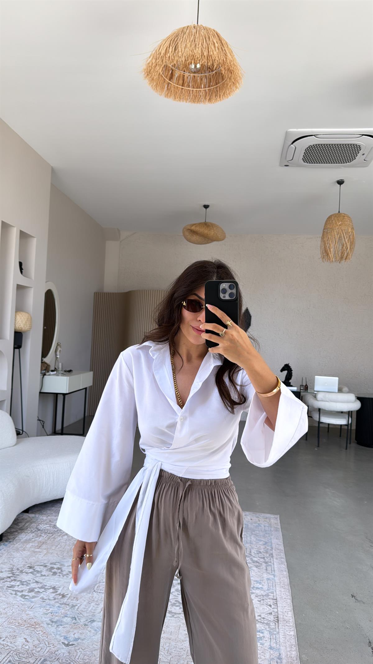 Beyaz Poplin Bağlamalı Gömlek