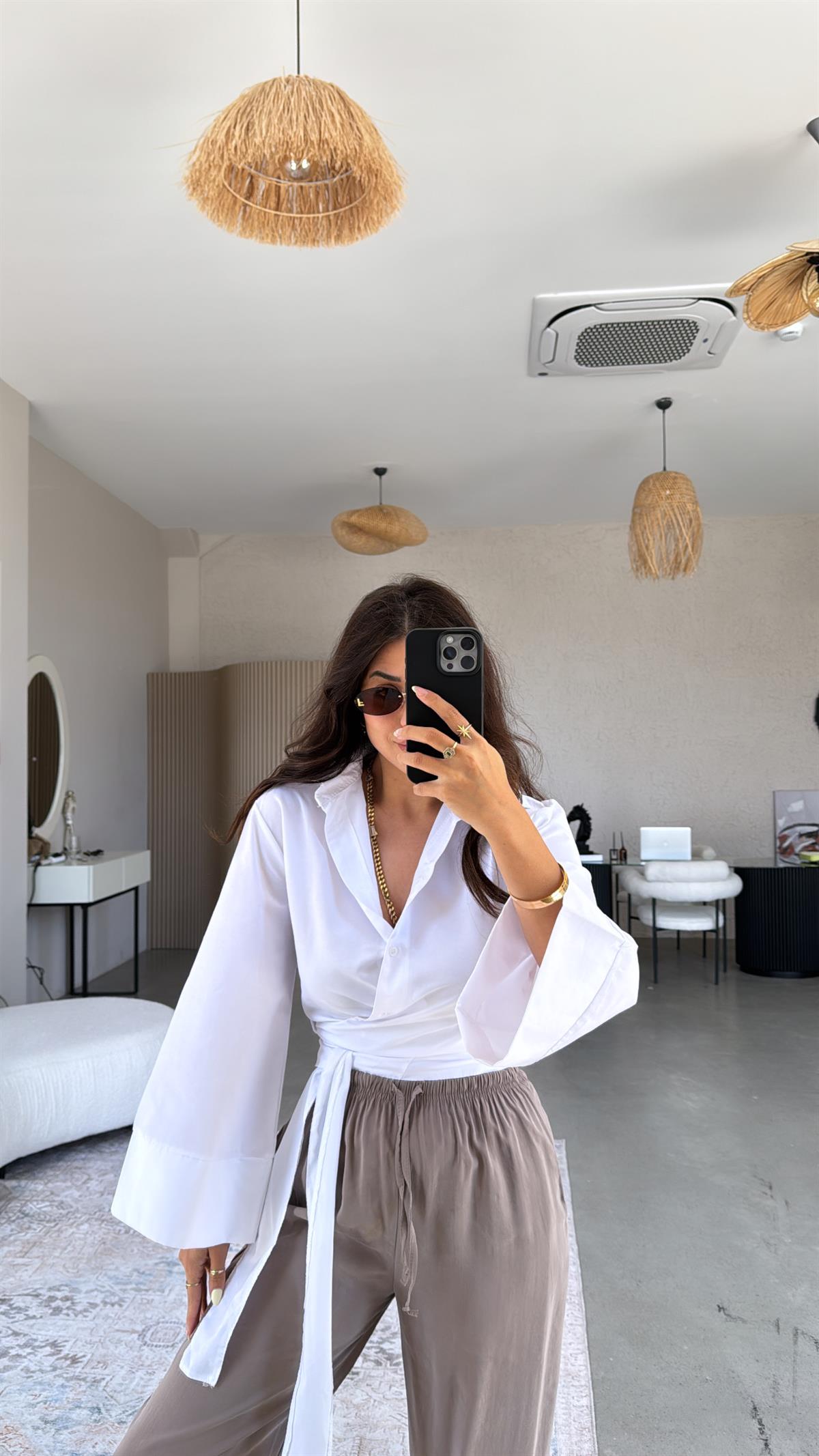 Beyaz Poplin Bağlamalı Gömlek