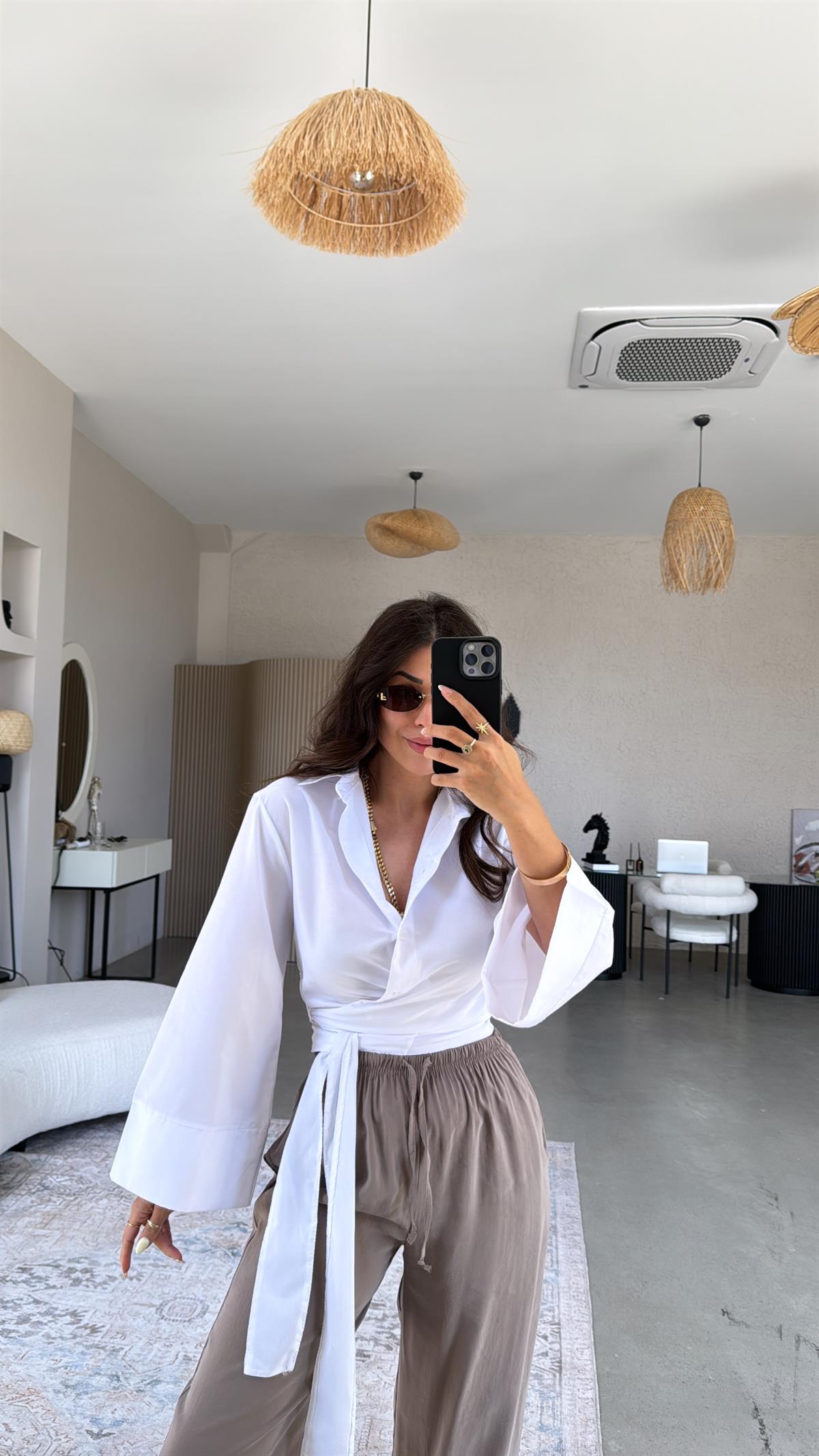 Beyaz Poplin Bağlamalı Gömlek