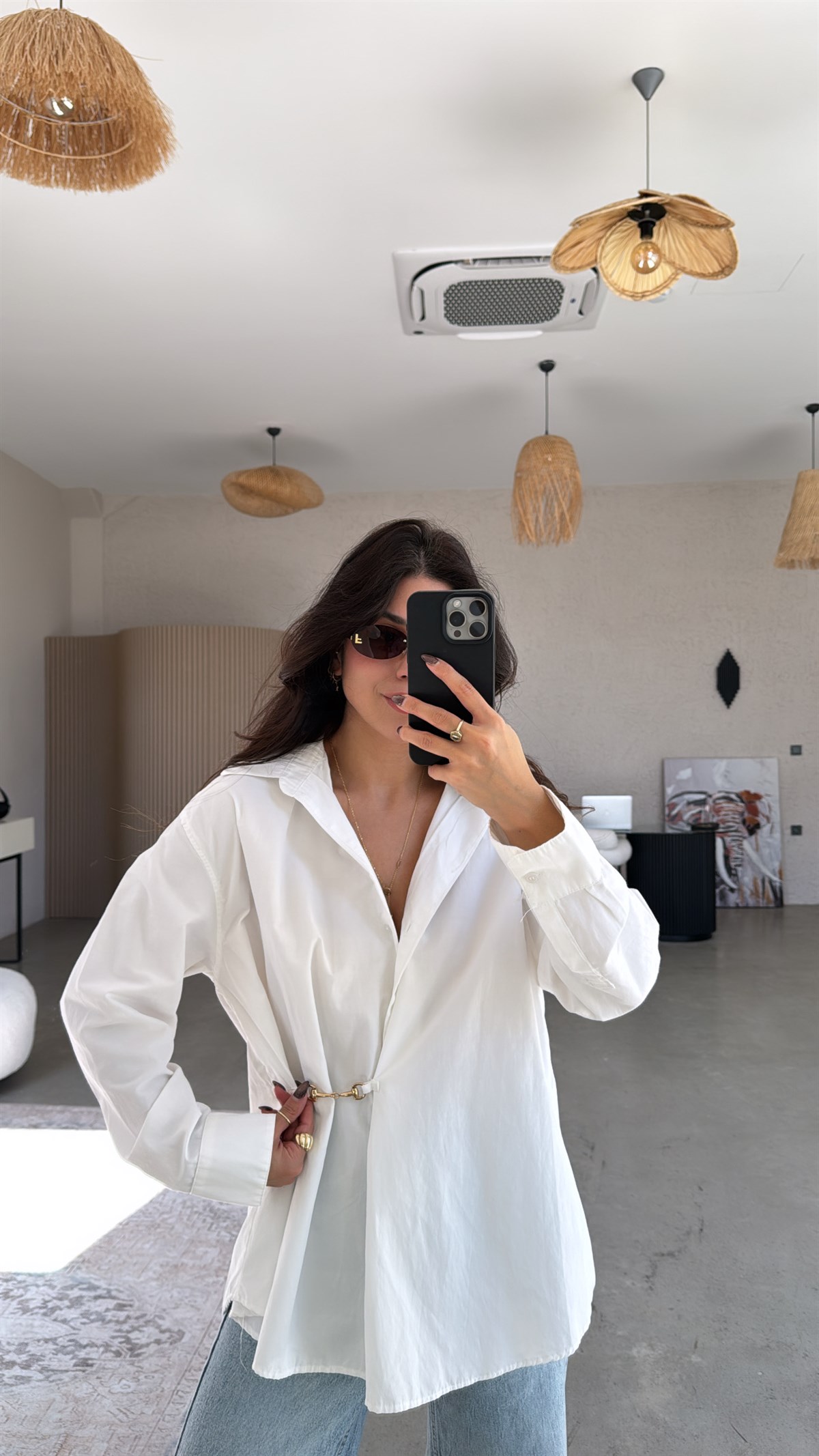 Beyaz Poplin Gold Aksesuarlı Premium Gömlek