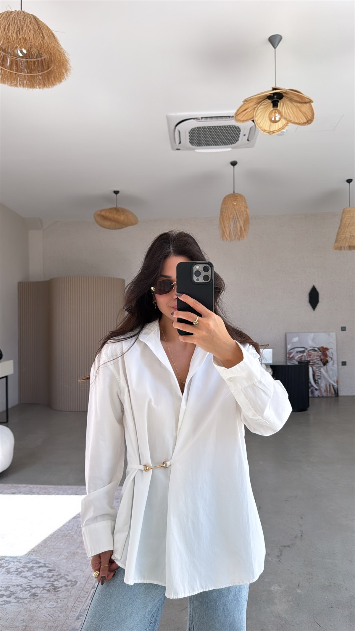 Beyaz Poplin Gold Aksesuarlı Premium Gömlek