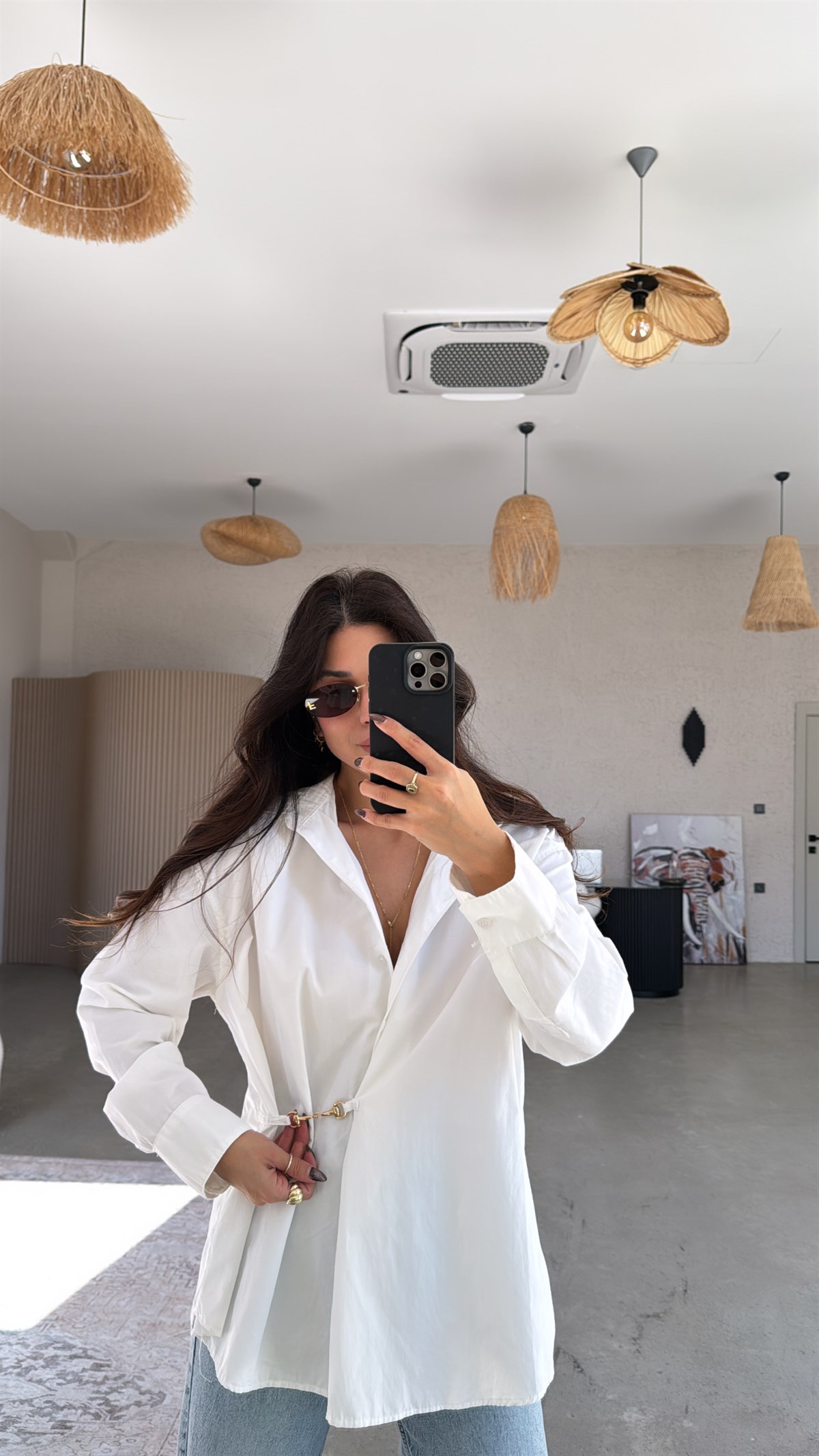 Beyaz Poplin Gold Aksesuarlı Premium Gömlek