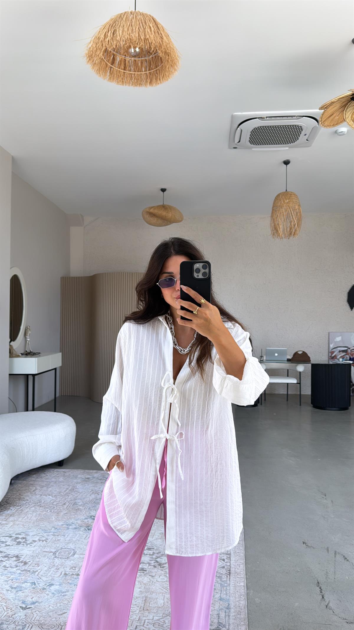 Beyaz Premium Bağlamalı Gömlek Bluz