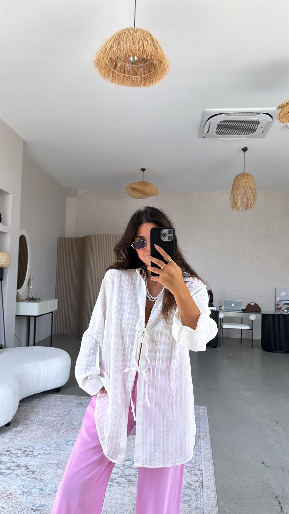 Beyaz Premium Bağlamalı Gömlek Bluz