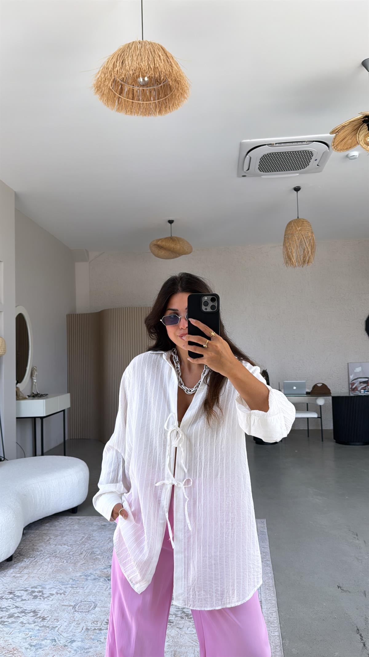 Beyaz Premium Bağlamalı Gömlek Bluz