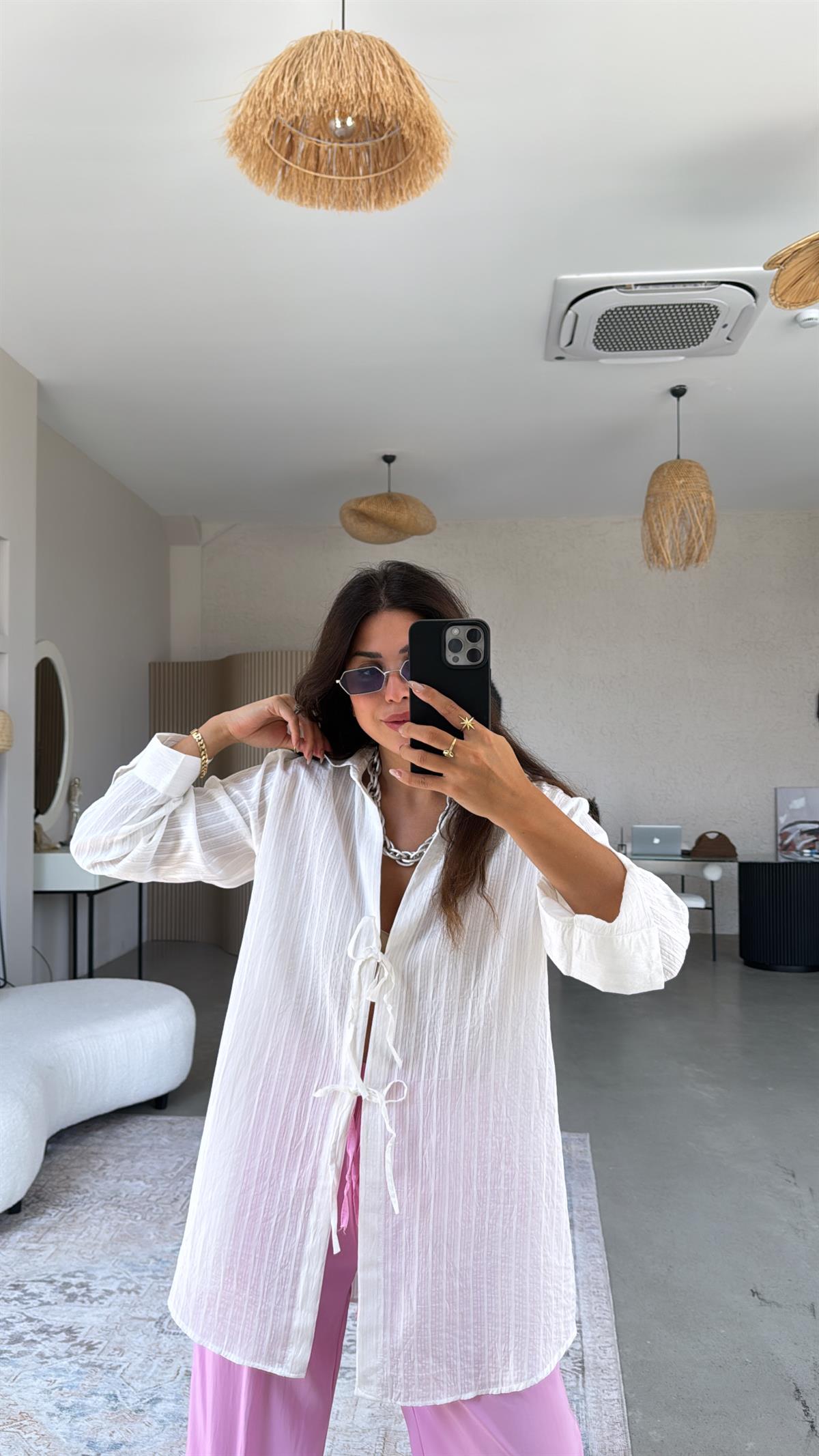 Beyaz Premium Bağlamalı Gömlek Bluz