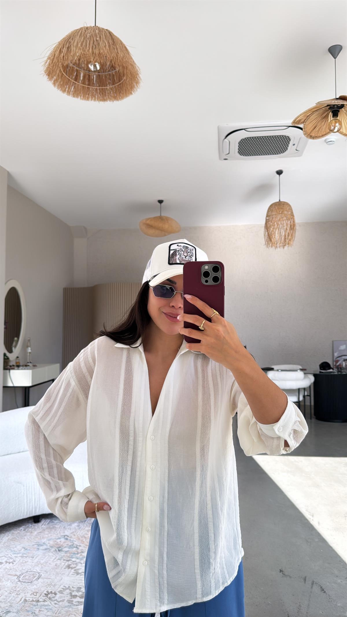 Beyaz Premium Dokulu Gömlek