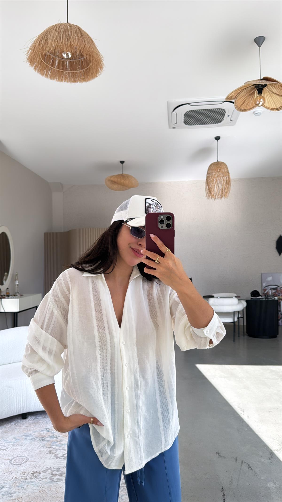 Beyaz Premium Dokulu Gömlek