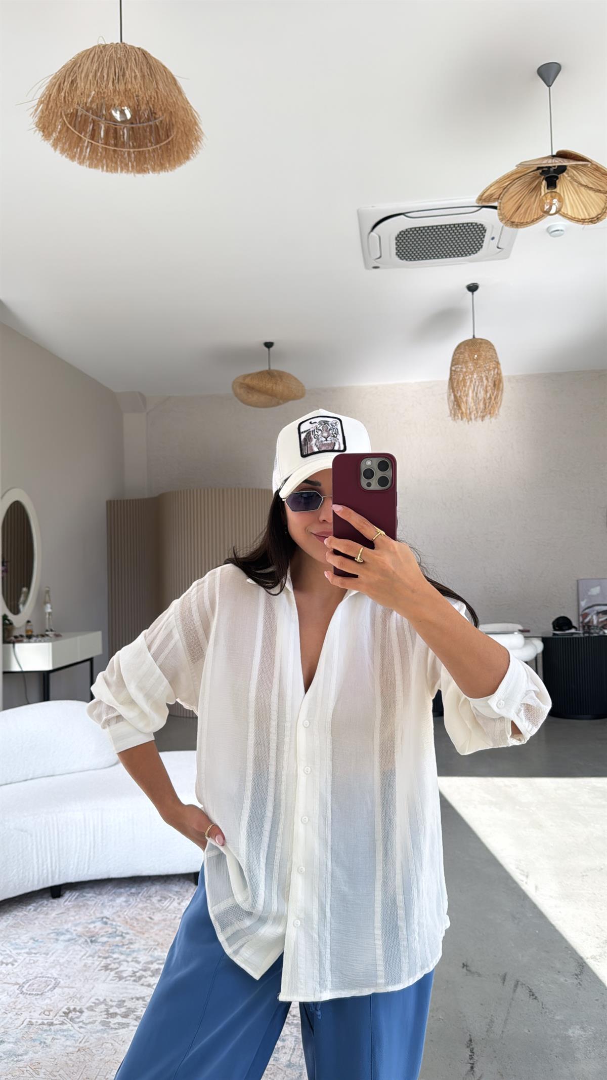 Beyaz Premium Dokulu Gömlek