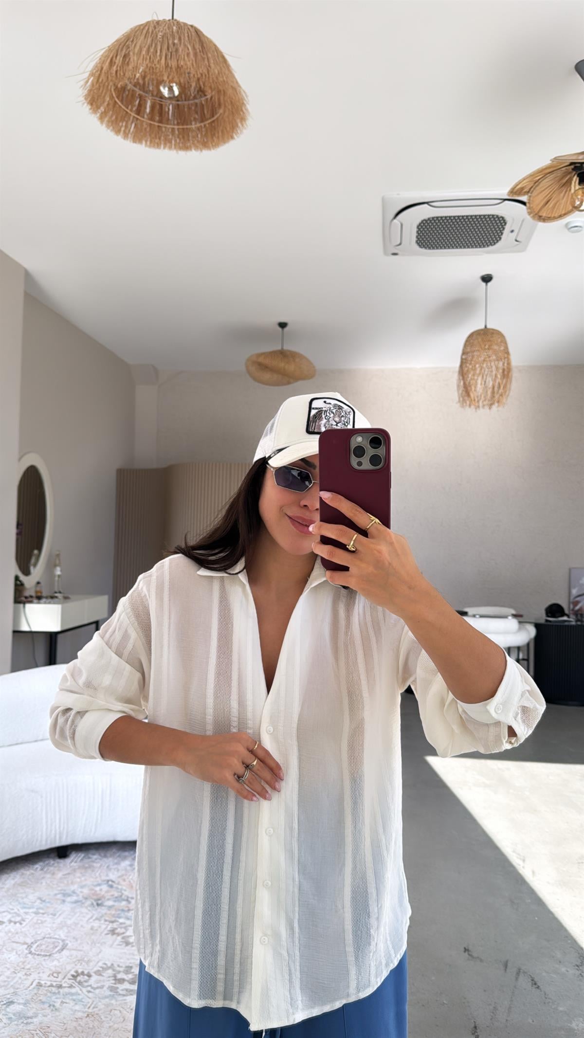 Beyaz Premium Dokulu Gömlek