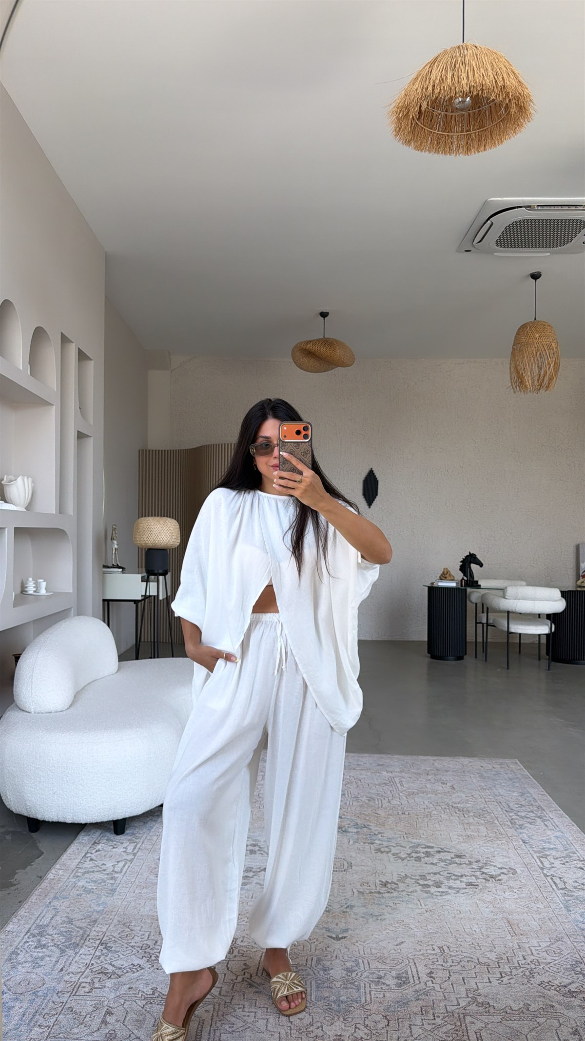 Beyaz Premium Keten Kruvaze Bluz Pantolon Takım