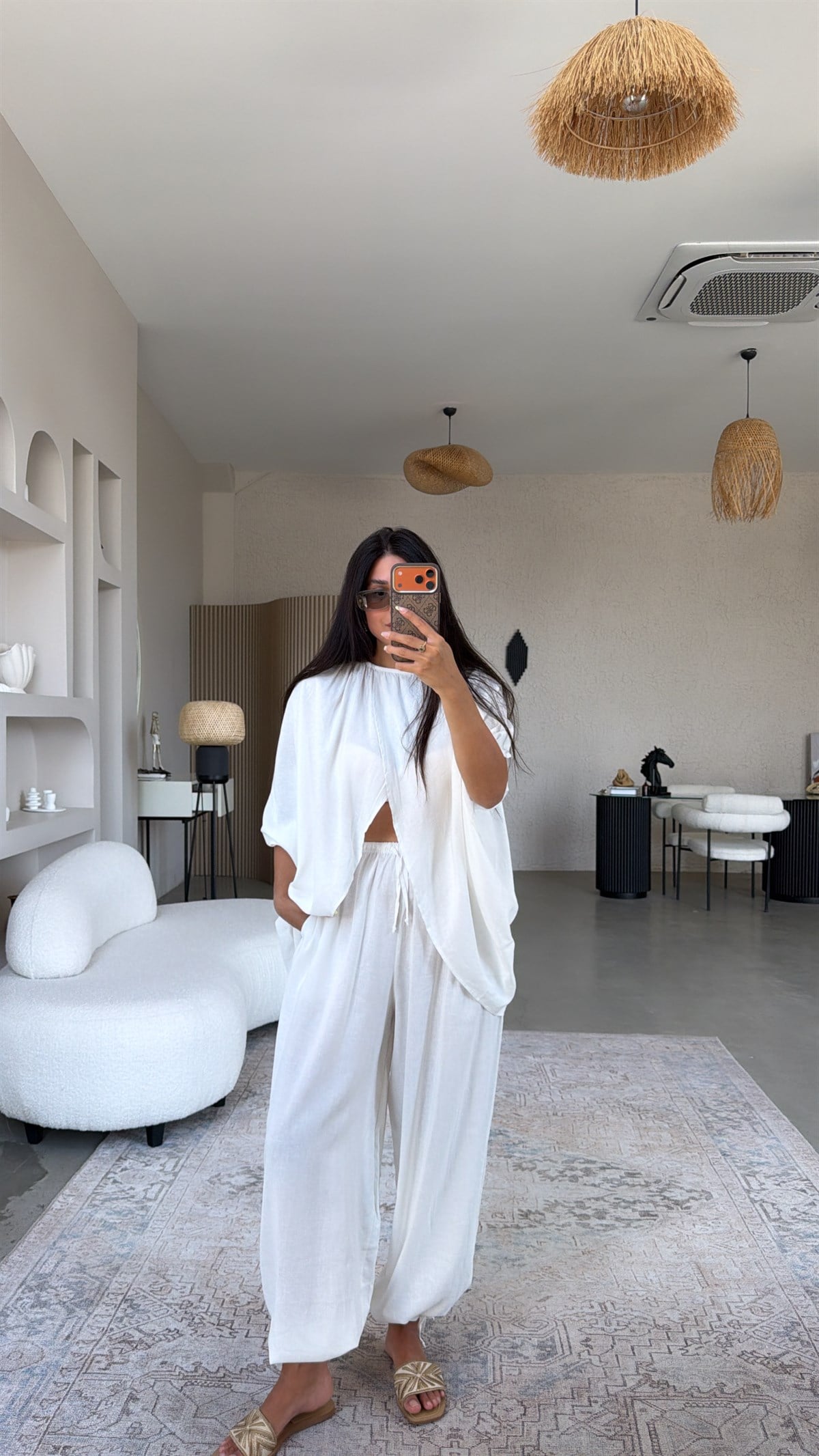 Beyaz Premium Keten Kruvaze Bluz Pantolon Takım