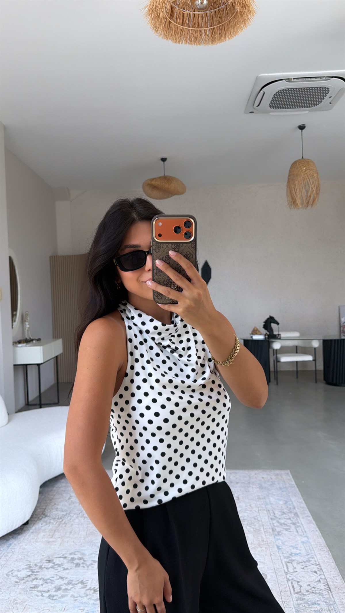 Beyaz Puantiyeli Degaje Polyamid Bluz