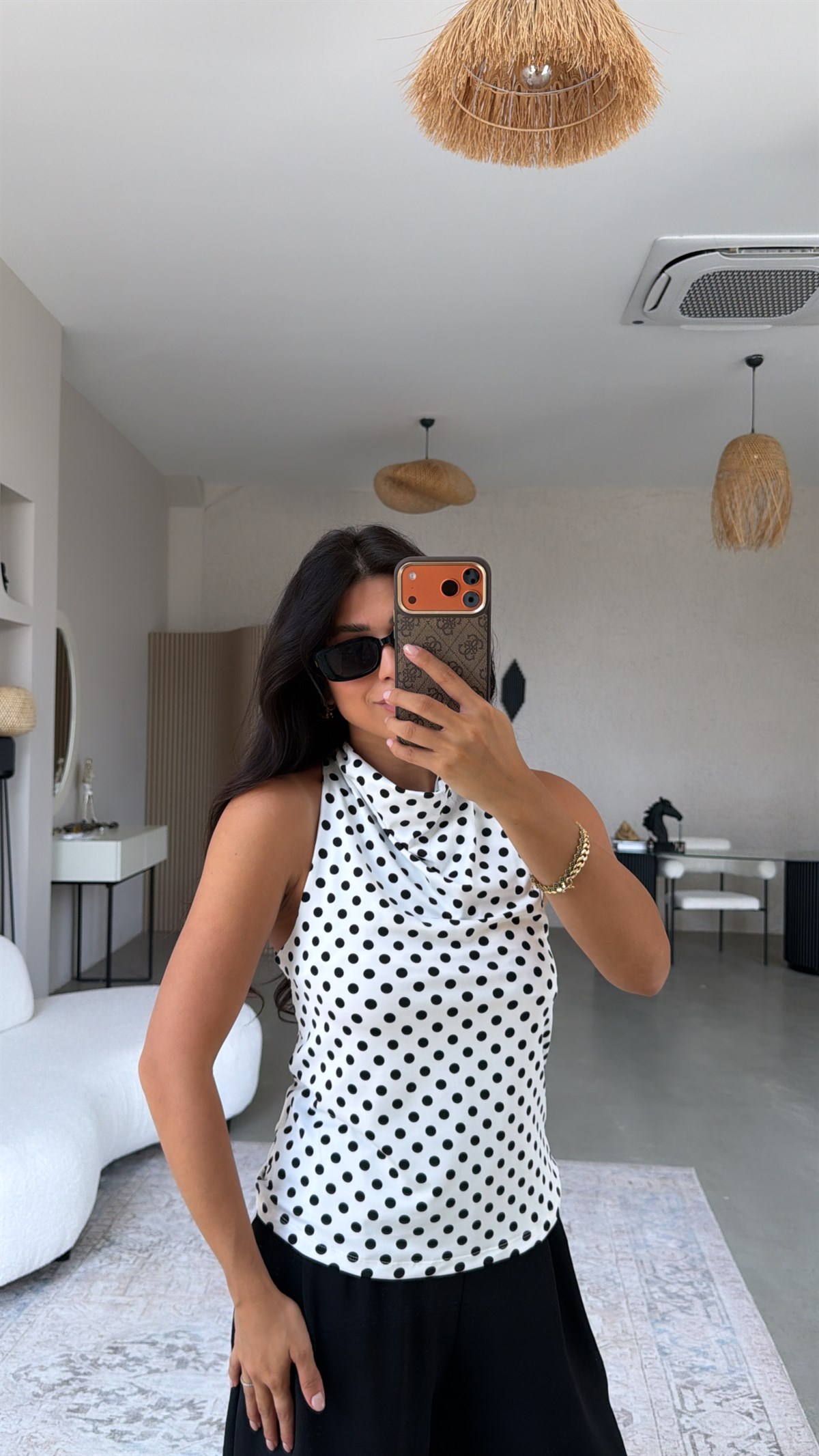 Beyaz Puantiyeli Degaje Polyamid Bluz