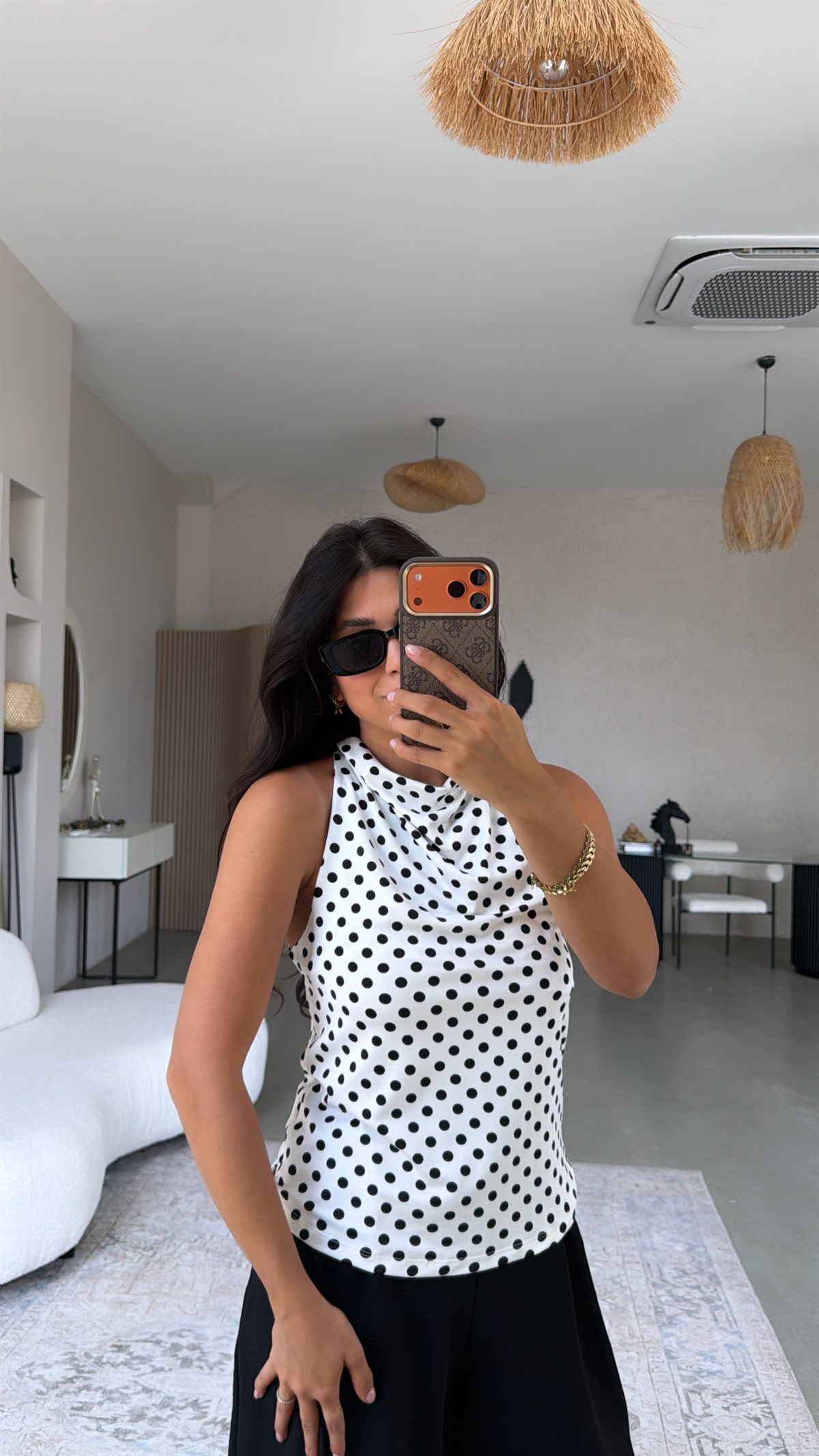 Beyaz Puantiyeli Degaje Polyamid Bluz