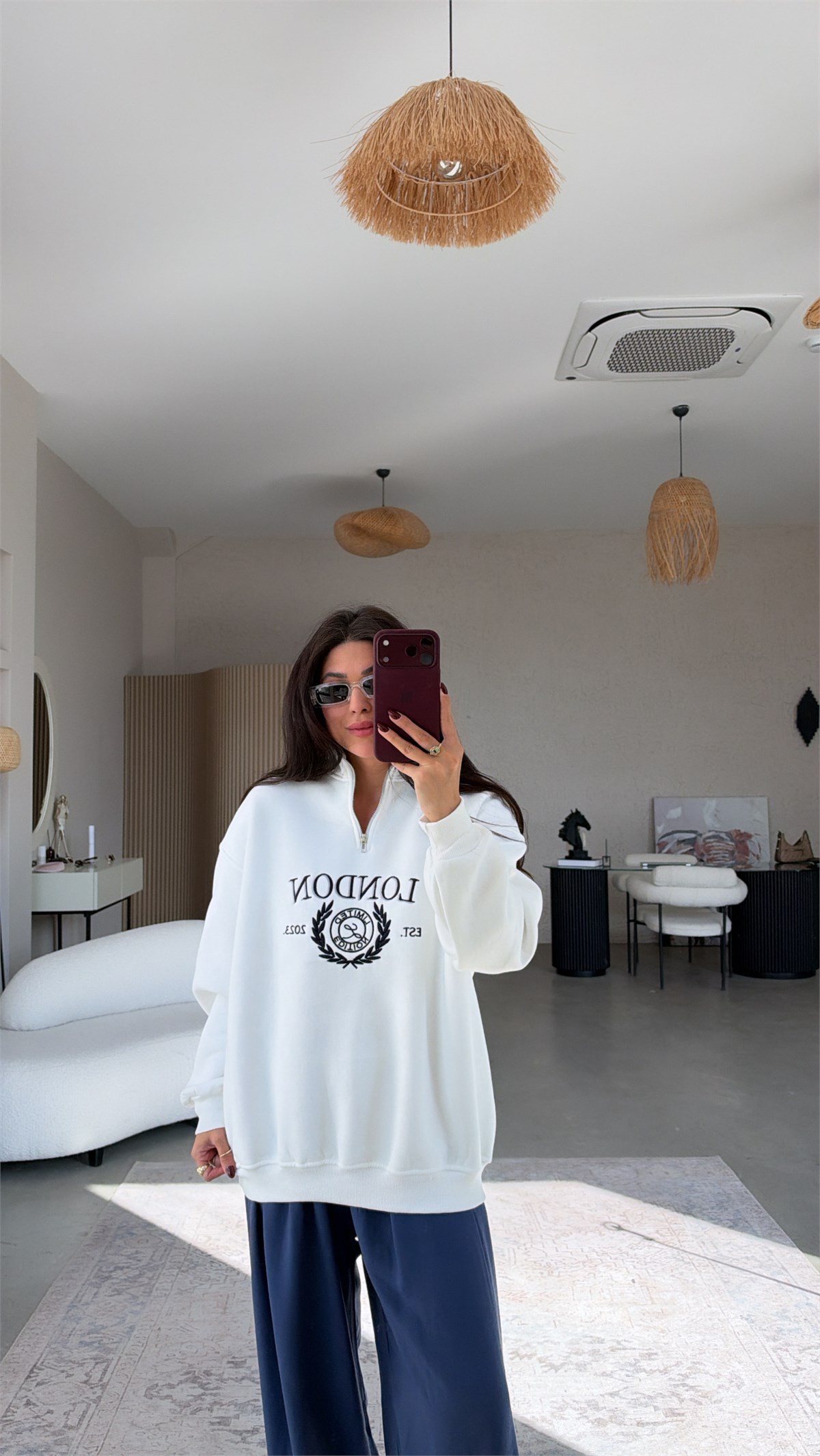 Beyaz Şardonlu London Fermuarlı Sweatshirt